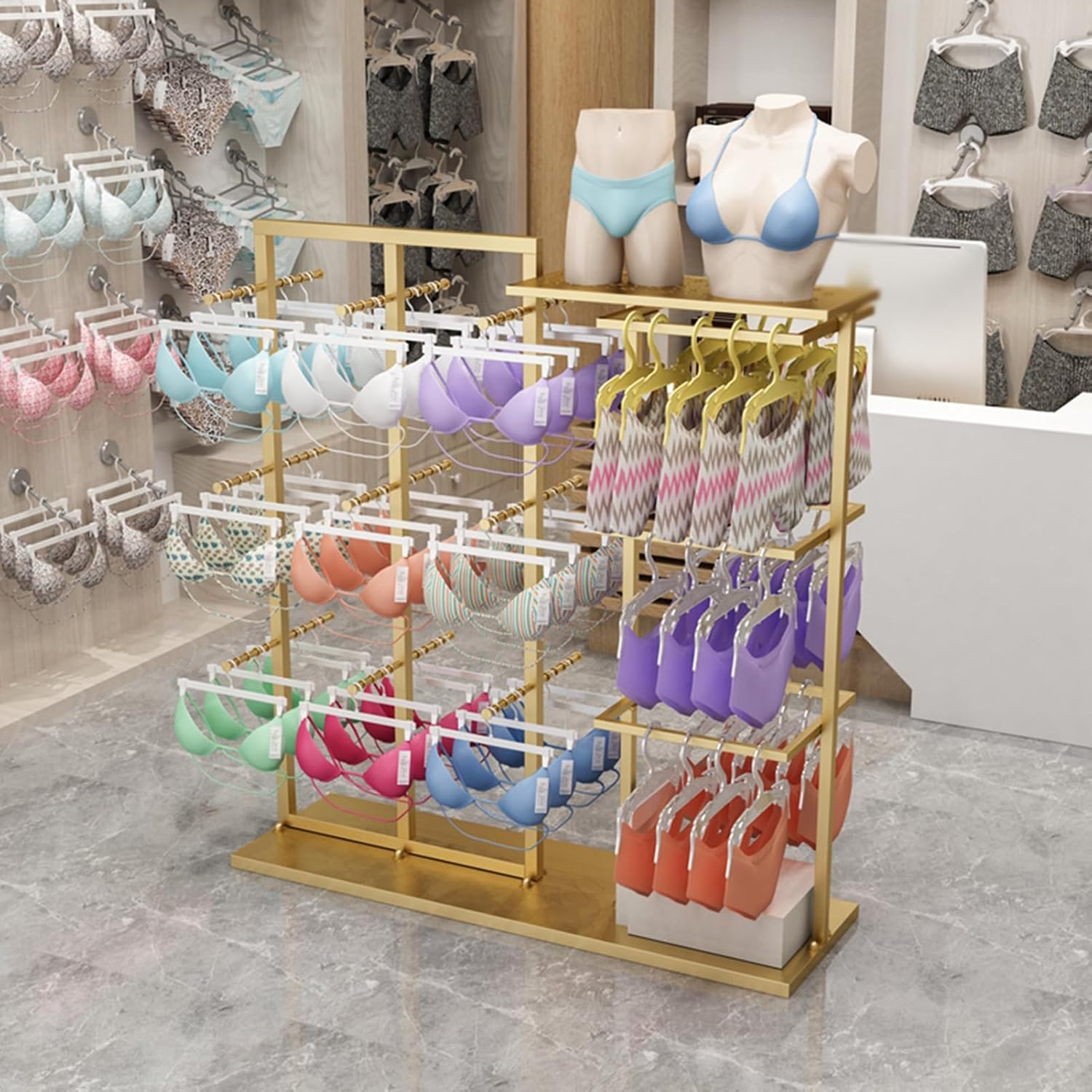 Display Stand Freestanding Clothing Store Organizer Rack, Underwear Rack, Retail Store Scarf Panty Shorts Bra Silk Shawl Display Stand for Boutique/Cloth Store (Gold B 130X40X135CM)