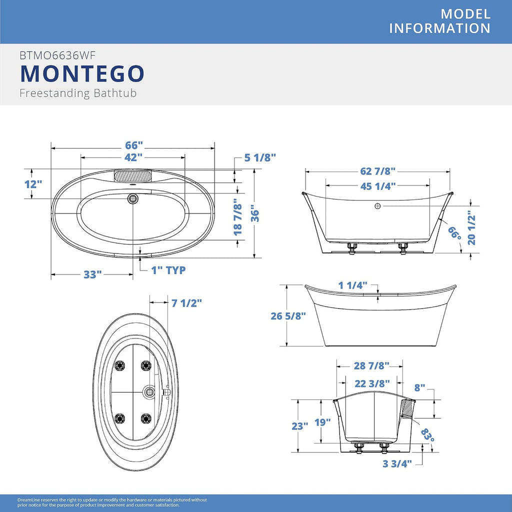 DreamLine Montego 66 inch L x 27 inch H White Acrylic Freestanding Bathtub