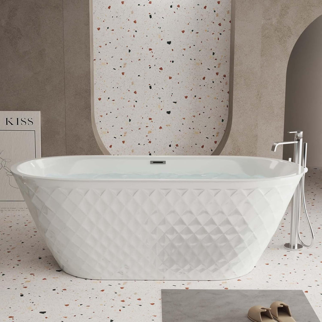 59' Acrylic Freestanding Tub, Oval Shape Soaking Tubs with Unique Diamond Pattern, Free Standing Bathtub for Bathroom