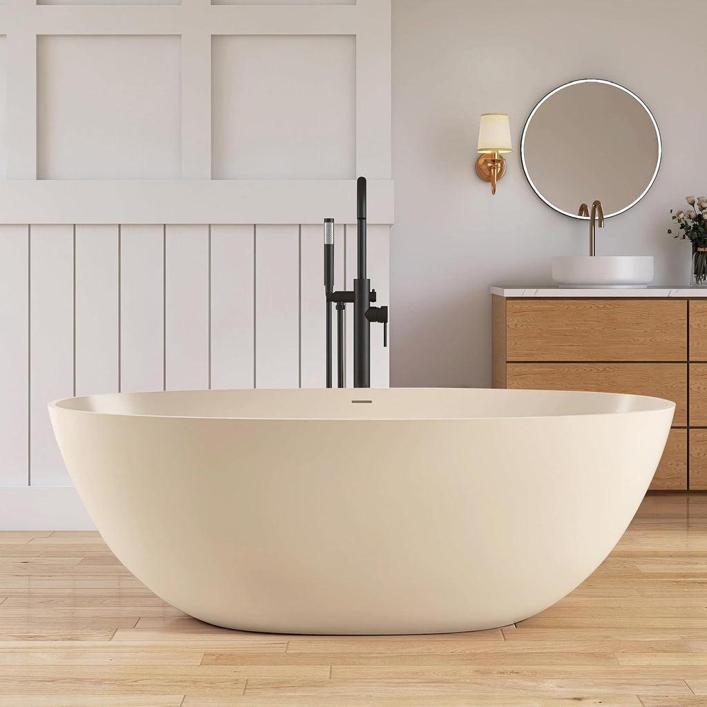 Stone Resin Freestanding Bathtub 65', Elegant Oval Shape Soaking Tub, Solid Surface Stand Alone Bathtub with Drain & Integrated Slotted Overflow AMFS303-1650 milky coffee