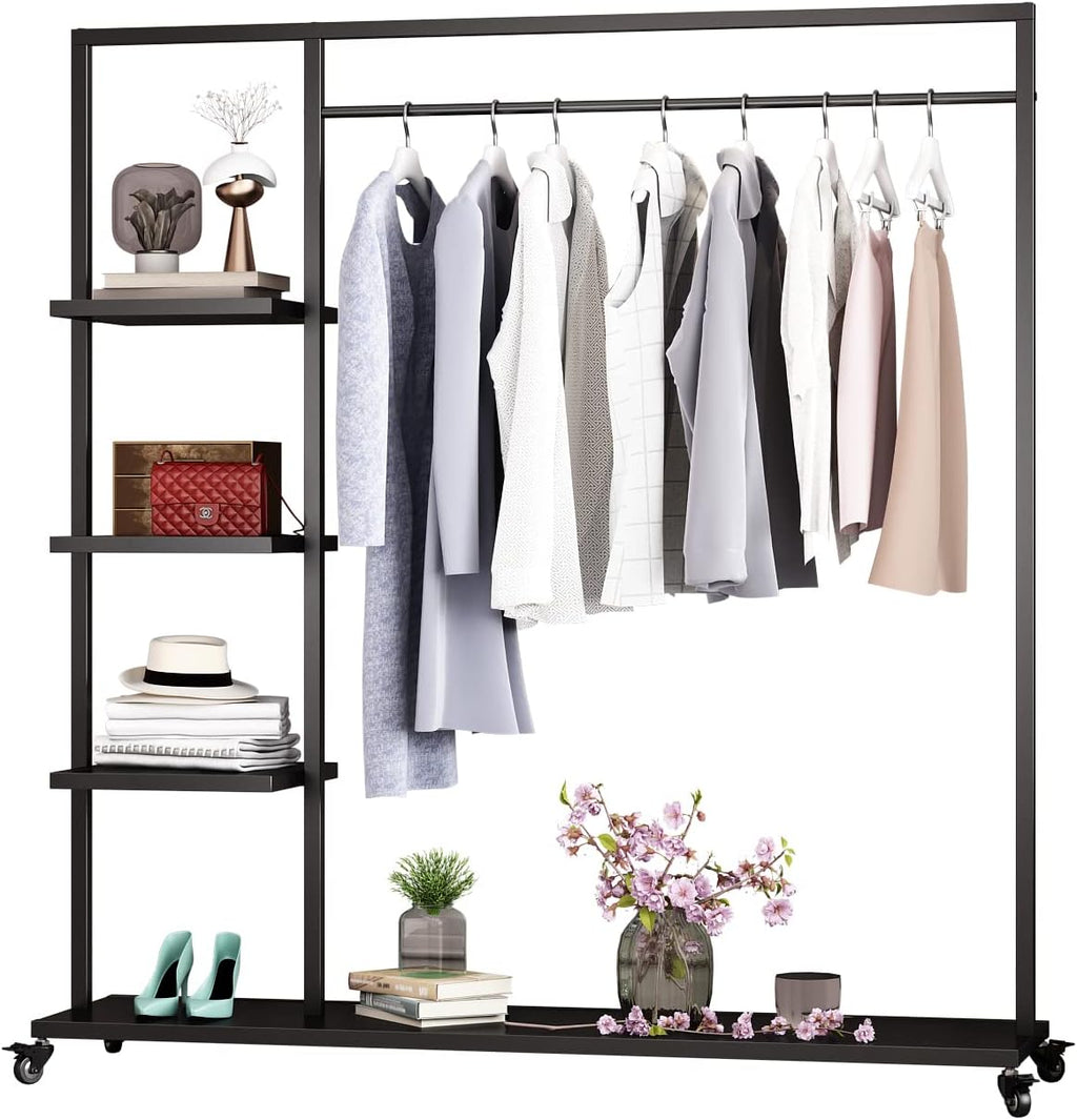 Black Clothing Racks with Shelf, Boutiques Retail Clothing Rack, Heavy Duty Industrial Clothes Racks, Multiple Uses Display for Home and Retail(Black)