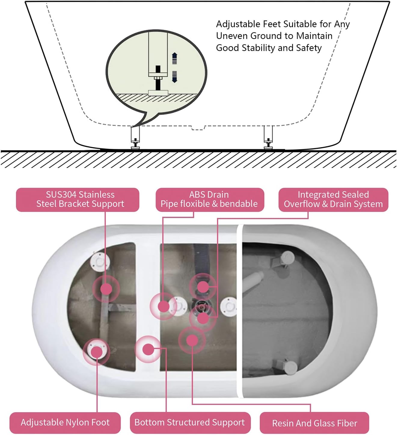 TONA 67' Acrylic Freestanding Bathtub Contemporary Soaking White Tub cUPC Certified, Toe-Tap Chrome Drain & Overflow Assembly Included