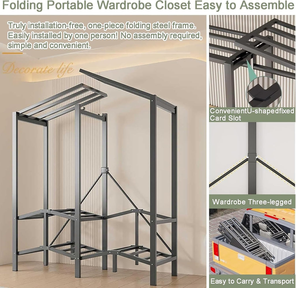 Foldable Clothe Rack with Wheel W/cover Load 1100lbs Heavy-duty Portable Wardrobe for Bedroom Armoires Freestanding Clothing Coat Storage Rack Rolling Garment Rack for Hanging(Green,131cm/51.6in)