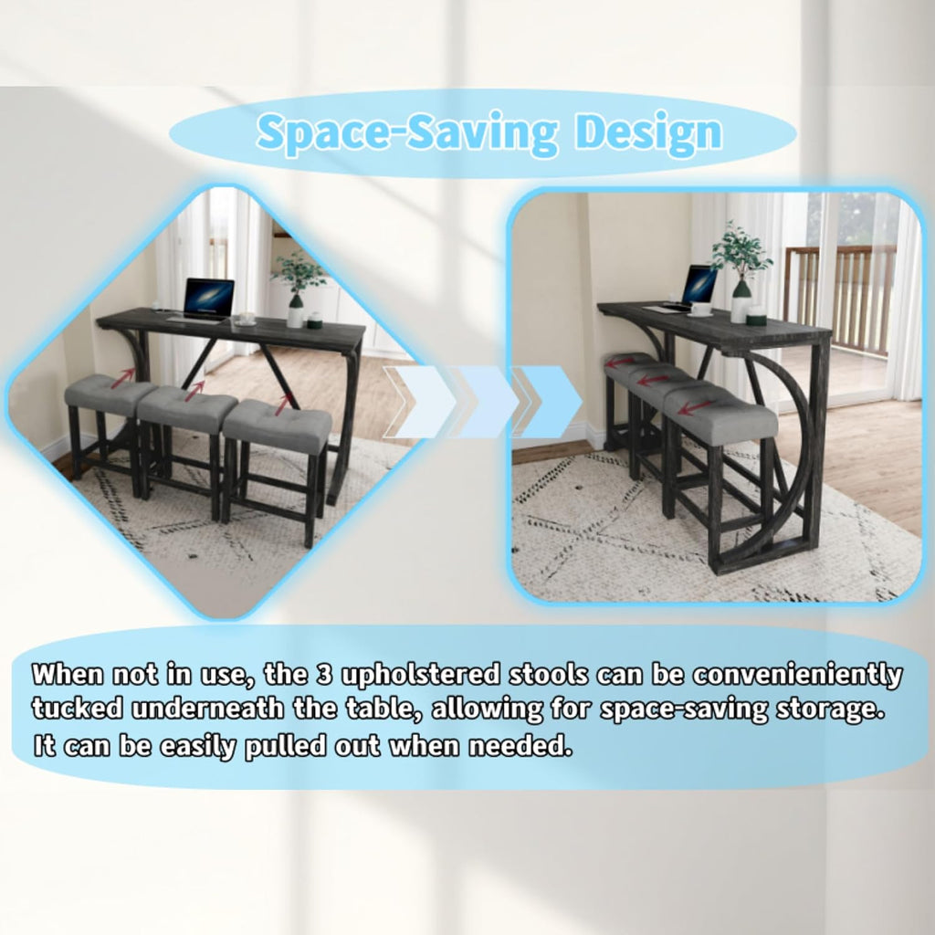 Polibi Farmhouse Counter Height Dining Set - Bar Table and Chairs, Wood Dining Table with Power Outlet and 3 Upholstered Stools for Breakfast Nook, Living Room, Black