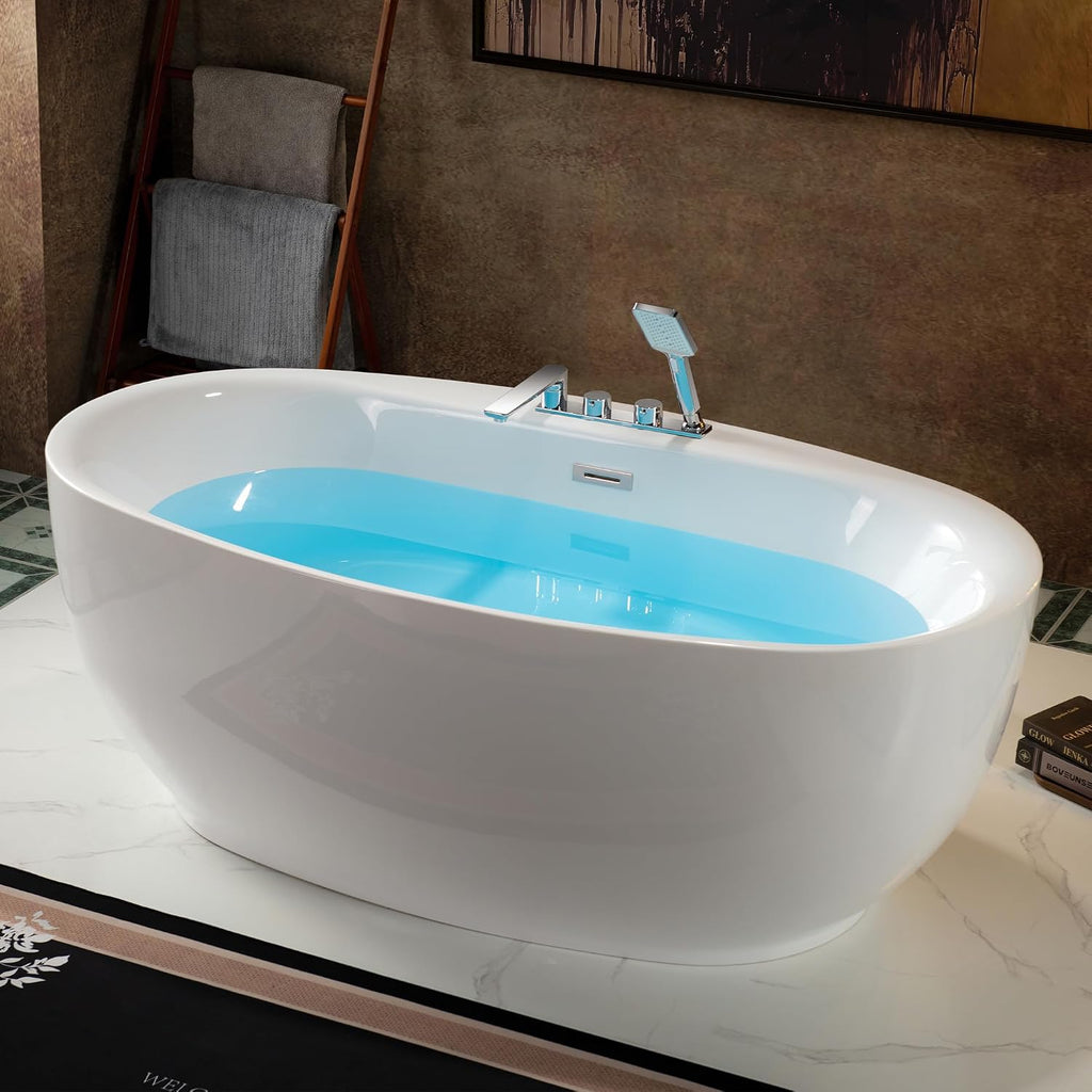 WOODBRIDGE 66' Acrylic Freestanding Bathtub Contemporary Soaking White Tub with Brushed Nickel Overflow & Drain and Faucet,B0027-BN