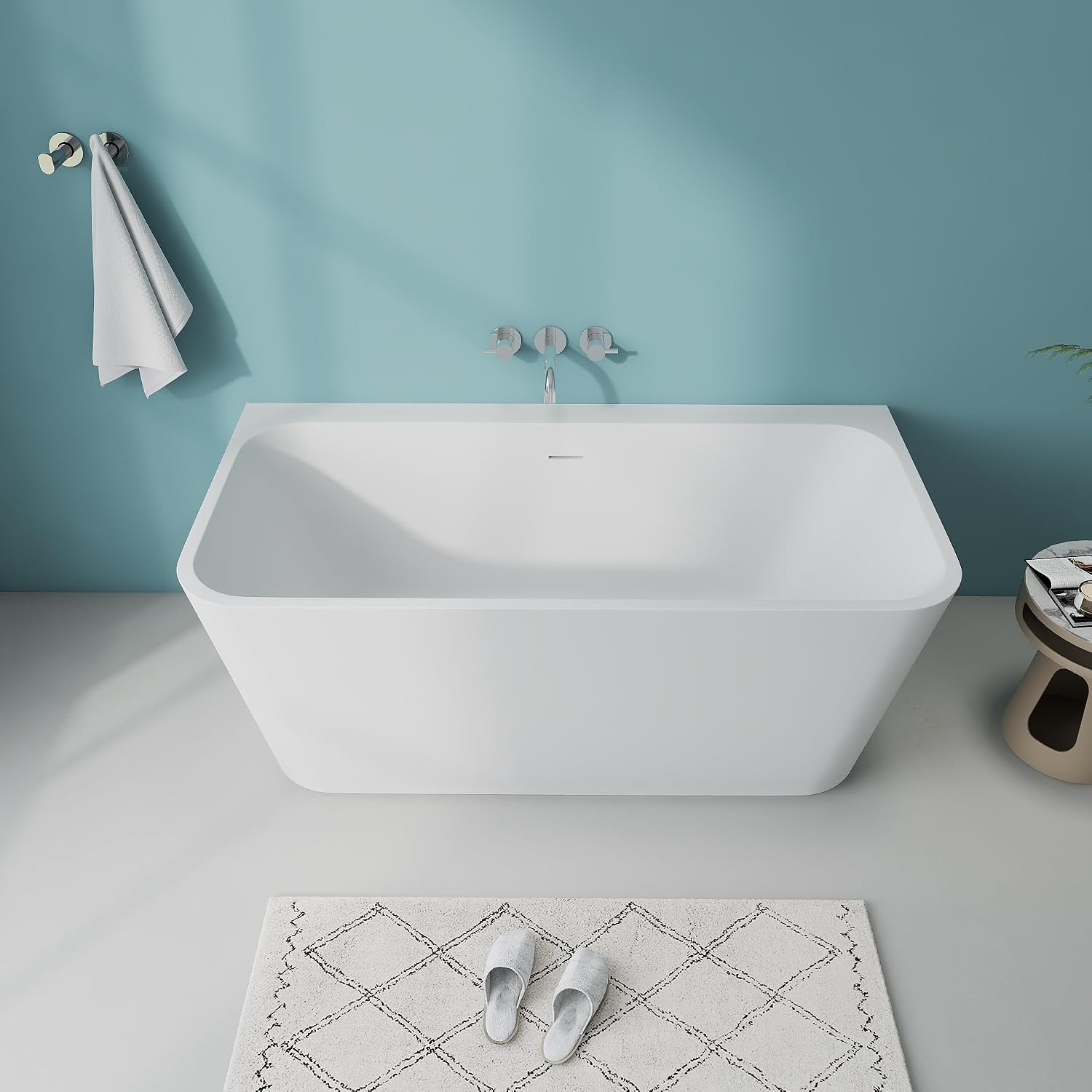 59' Modern Stand Alone Free Standing Bathtubs, White Acrylic Tub | Upgraded Square Soaking Bathroom Tub with CUPC Drain