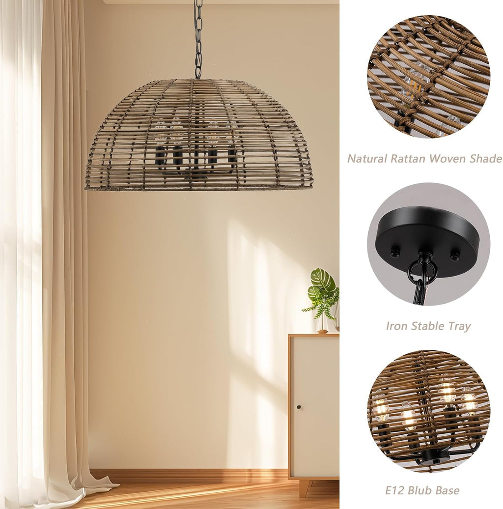 OCIOC Rattan Pendant Lighting, 23.6' Kitchen Island Hanging Light Fixtures,Large Boho Hand-Woven Chanderlier, E26 Farmhouse Retro Ceiling Chandelier 4-Lights For Dining Room Kitchen Island Living Room