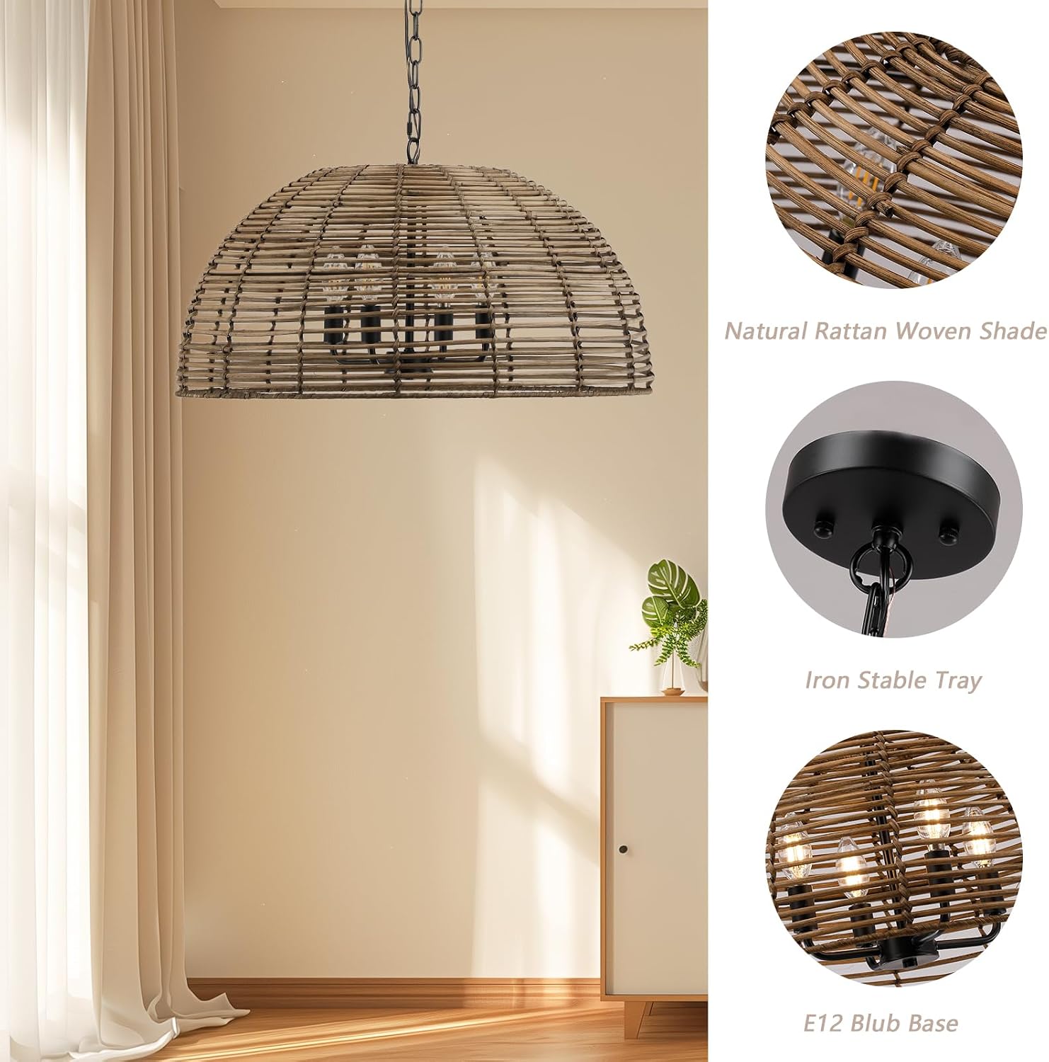 OCIOC Rattan Pendant Lighting, 23.6' Kitchen Island Hanging Light Fixtures,Large Boho Hand-Woven Chanderlier, E26 Farmhouse Retro Ceiling Chandelier 4-Lights For Dining Room Kitchen Island Living Room