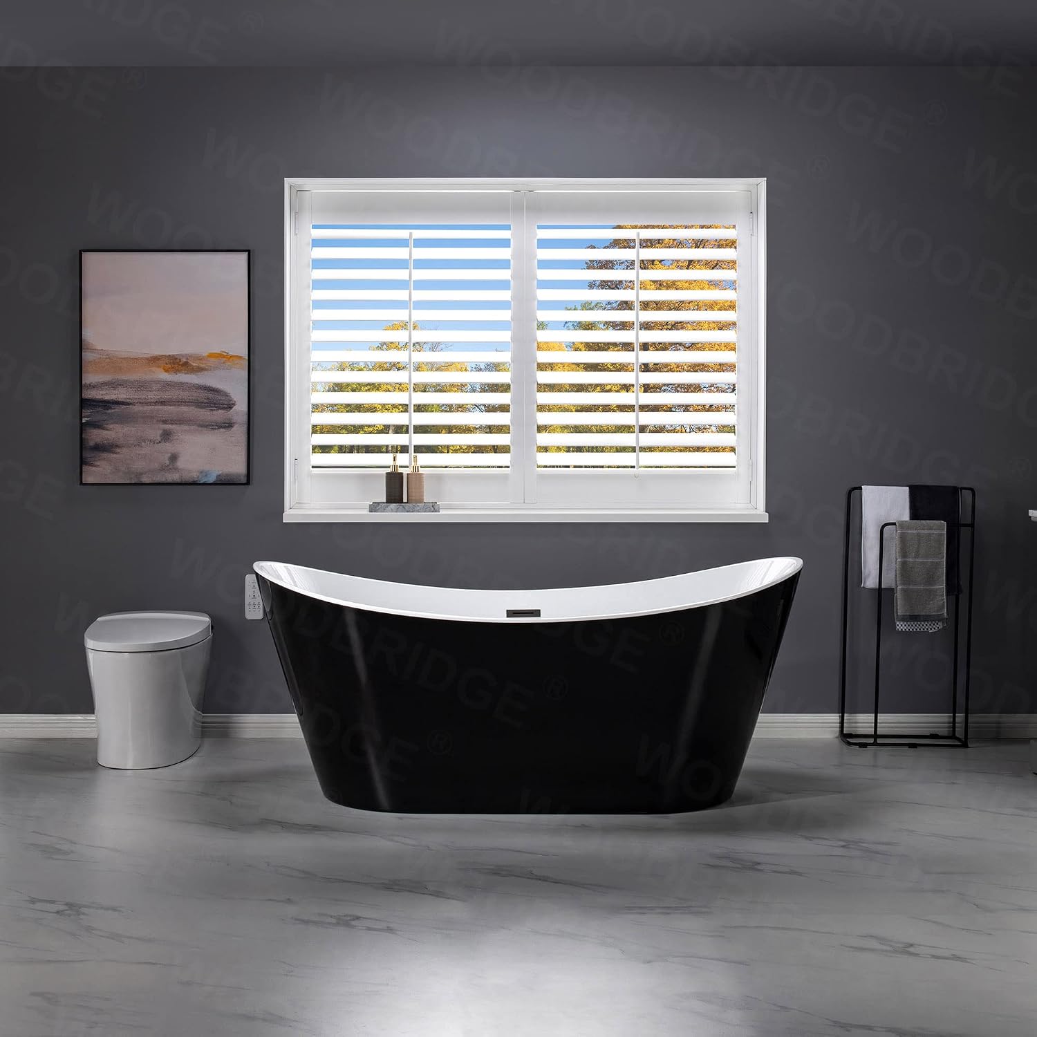 WOODBRIDGE 67' Acrylic Freestanding Bathtub Contemporary Soaking Tub with Mattle Black Overflow and Drain,Black