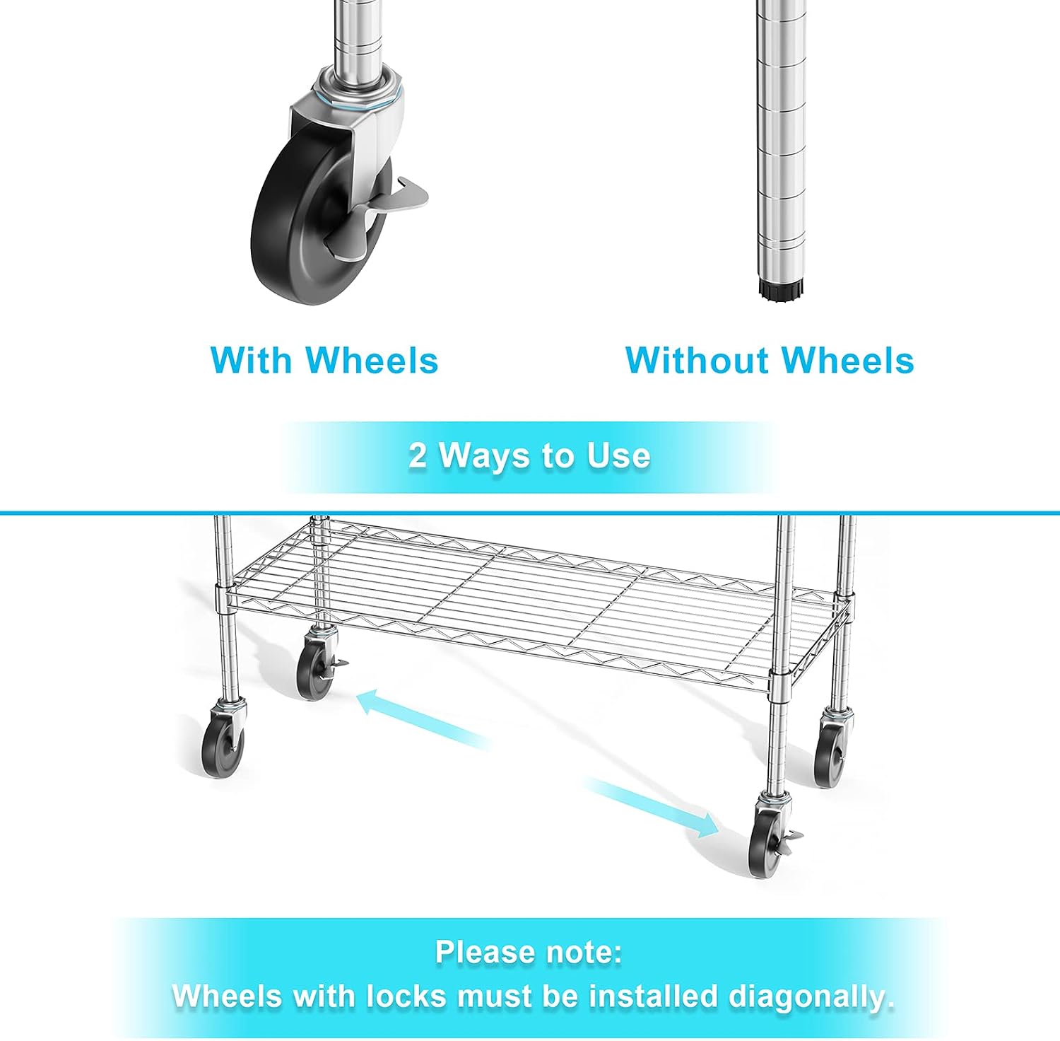Auslar 5-Shelf Storage Shelves with Casters Heavy Duty 5 Tiers Rolling Cart Utility Racks Adjustable Wire Metal Shelving, 14' x 36' x 76.5', Chrome