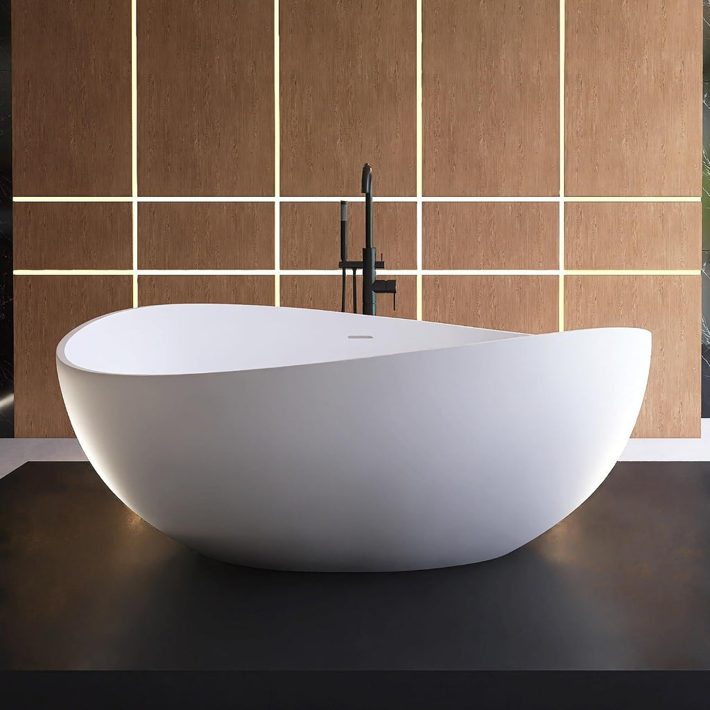 63' Wave Shape Freestanding Bathtub, Solid Surface Matte White | Modern Stand Alone Tub, Resin Stone, Overflow and Drain Saoking Bath Tub