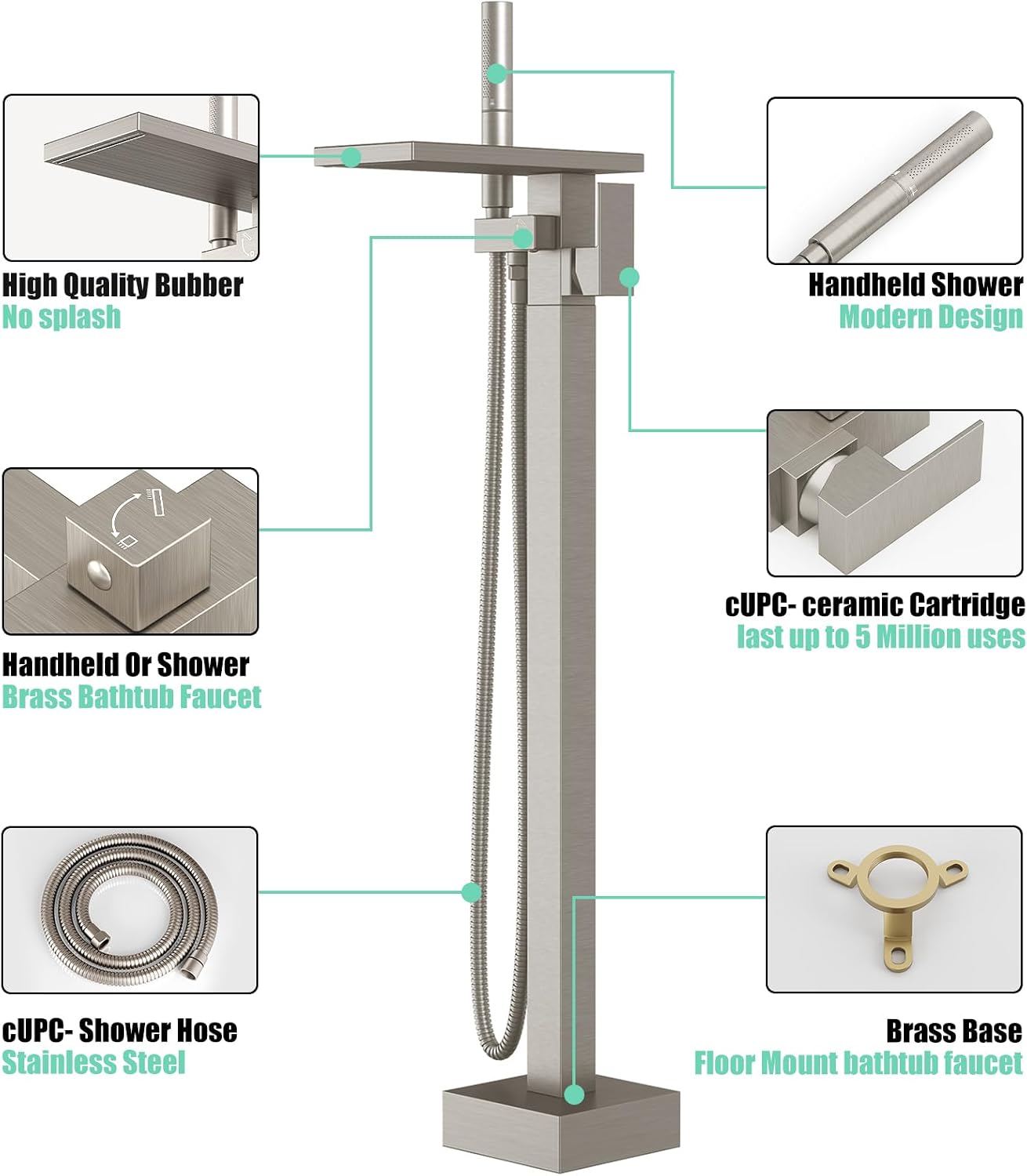 Hoimpro Floor Mount Bathtub Faucet Freestanding Waterfall Tub Filler, Brushed Nickel Single Handle High Flow Shower Faucets Mixer Bathroom Tub Faucets with 2 Function Hand Shower Wand