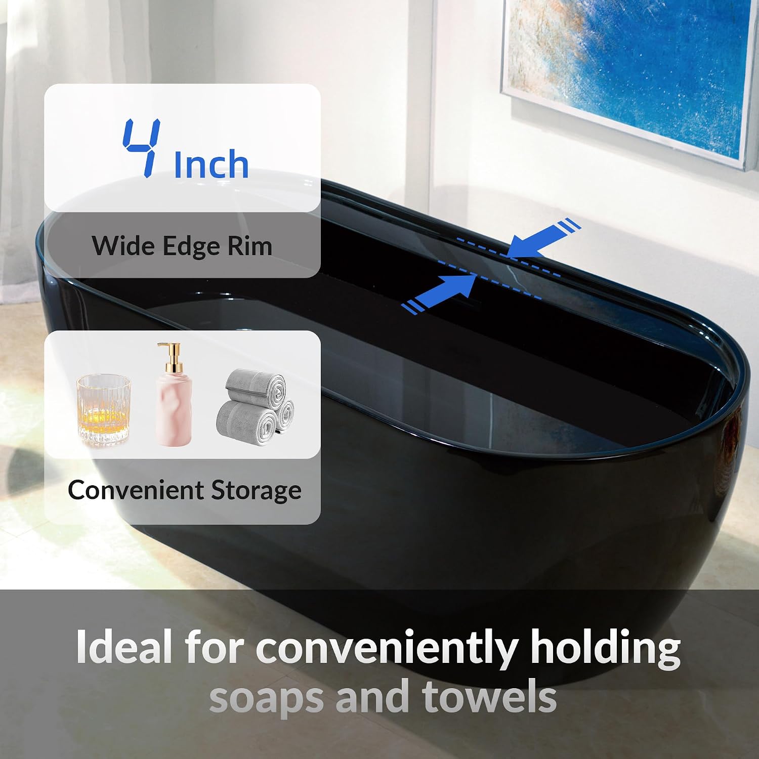 WOODBRIDGE 67' L x 31-1/2' W Freestanding Contemporary Acrylic Soaking Bathtub in Glossy Black Inside and Outside with Matte Black Drain & Overflow,B8863-MB