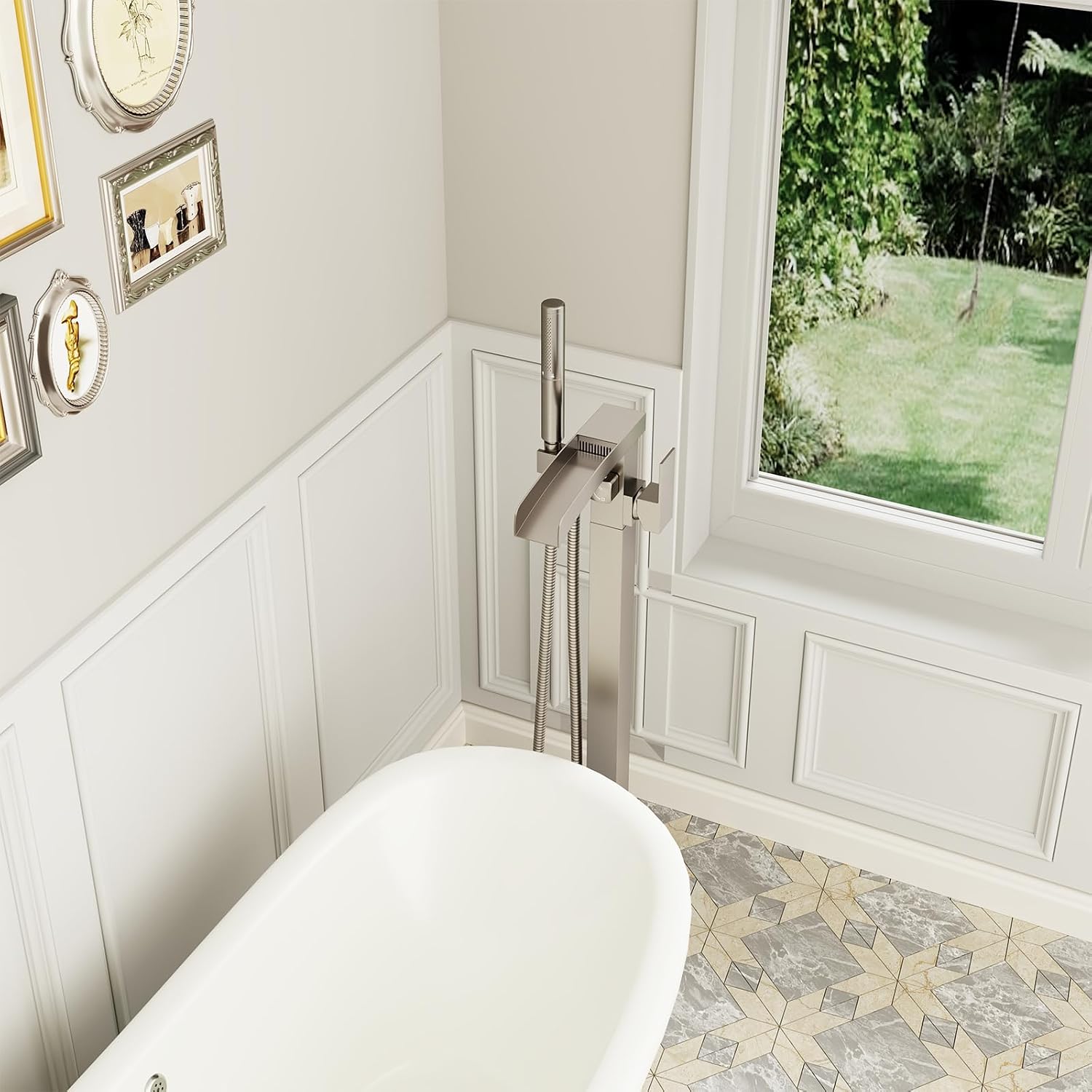 BESy Tub Filler Freestanding Bathtub Faucet Waterfall Floor Mount Brass Single Handle Bathroom Tub Faucets High Flow Bath Shower Faucets with 2 Function Handheld Sprayer Brushed Nickel