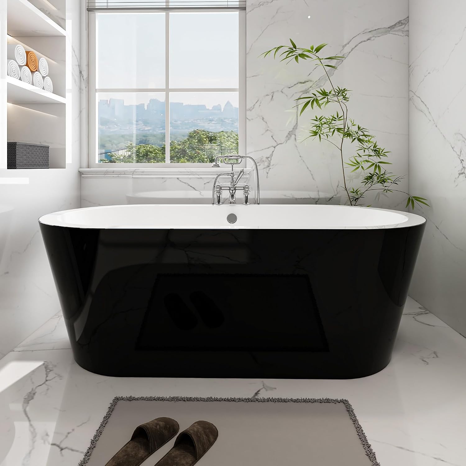 HomeBeyond 68 Inch Black Freestanding Bathtub | Acrylic Free Standing Soaking Tub, Morden Bathroom Stand Alone Tub Suitable for 1-2 Person Bathing