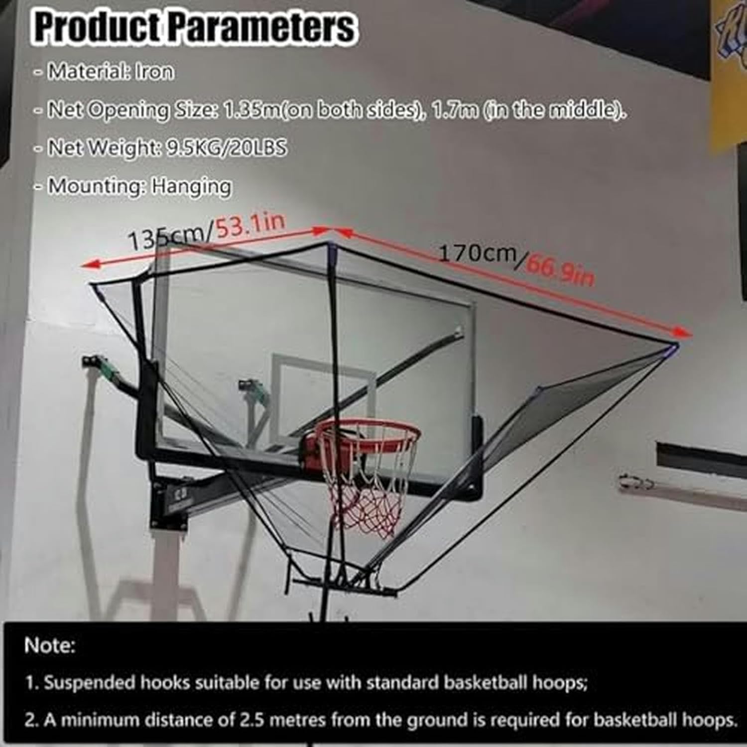 Universal Hoop Mounted Return Net - Quick-Install Attachment Fits Most Pole/Wall Backboards, Large 4.8x4.8m Net Catches and Returns All Shots