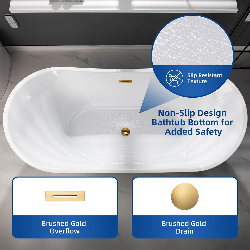 WOODBRIDGE 71' Acrylic Freestanding Bathtub Contemporary Soaking White Tub with Brushed Gold Overflow and Drain,B0017-BG