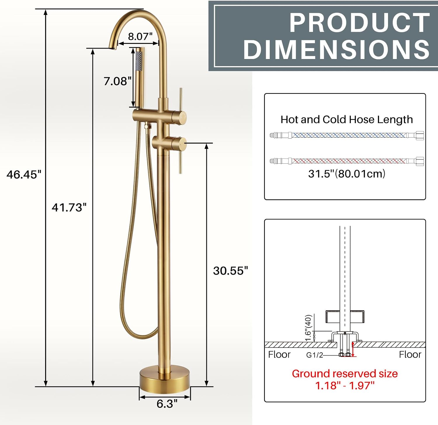 Freestanding Tub Filler Faucet, Floor Mount Brushed Gold Bathtub Faucet with Single Handheld Shower, Brass Shower Tub Faucet Set Complete, Bathtub Faucet with Shower