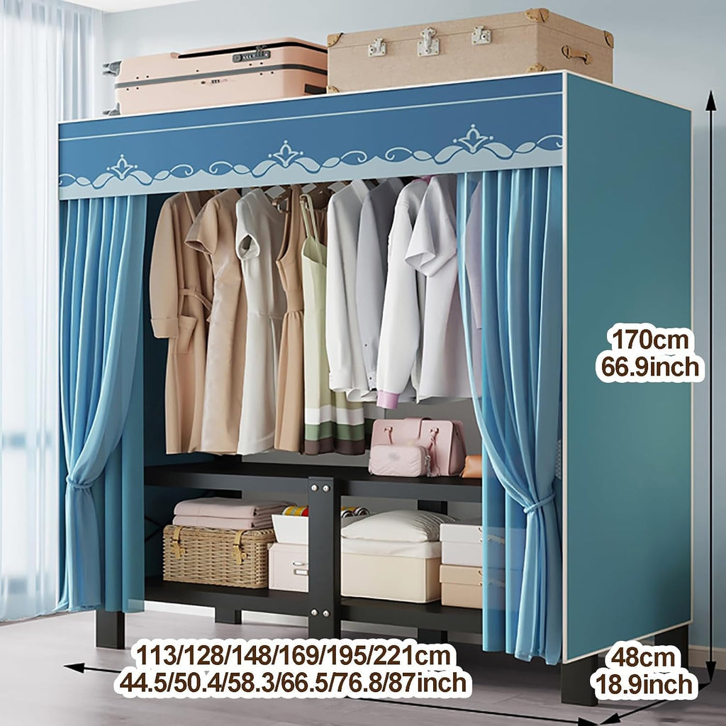 Portable Wardrobe Closet, Heavy Duty Clothing Rack With Cover, Metal Closet Rack With Hanging Rods, Garment Racks For Hanging Clothes, For Bedroom(Grey,128cm/50.4nch)
