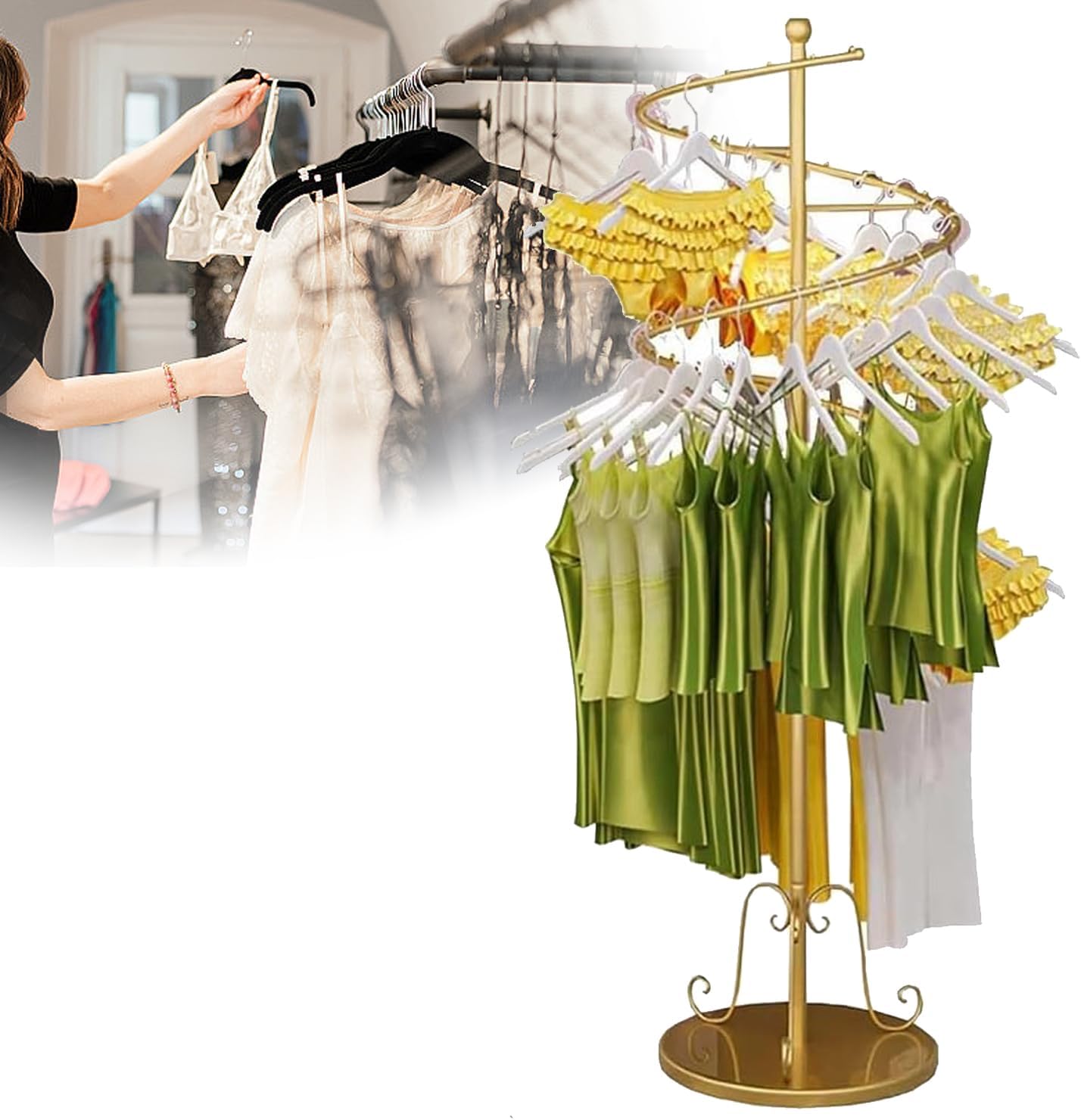 63' Spiral Clothing Rack, Floor Standing Nanogold Round Garment Rack for Clothes Underwear, Shorts, Boutique Garment Display Shelves, for Shopping Malls Retail,Gold