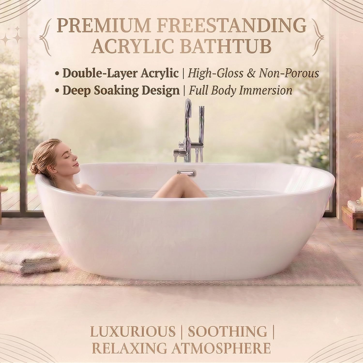 67' Freestanding Bathtub, Deep Soaking Acrylic Tub, Non-Slip Acrylic Tub with Chrome Drain, CUPC Certified, Ergonomic Modern Bath for Bathrooms, Easy-Install