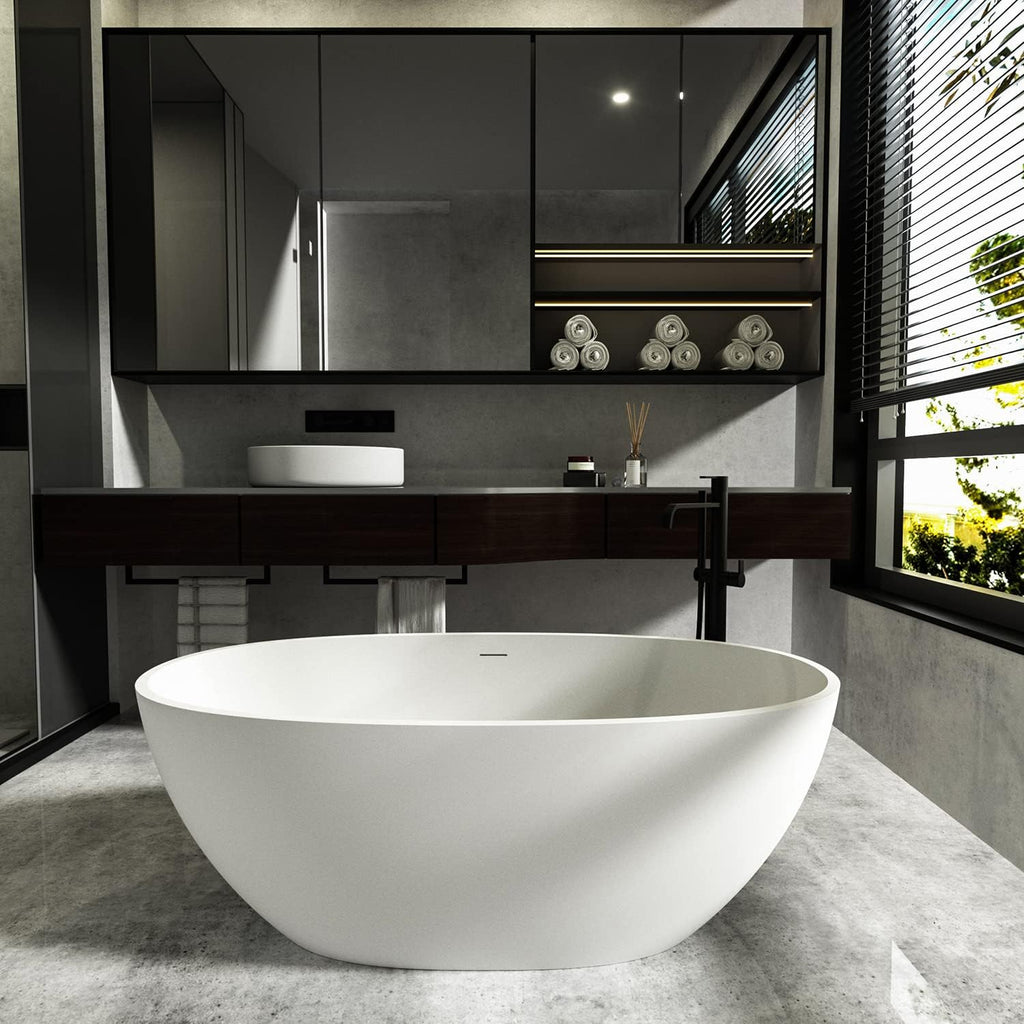 Cpingao 59' Freestanding Bathtub, Oval Shaped Stone Resin Freestanding Tubs, Solid Surface Matte White Soaking Tub with Overflow and Pop-up Drain 8801-1500
