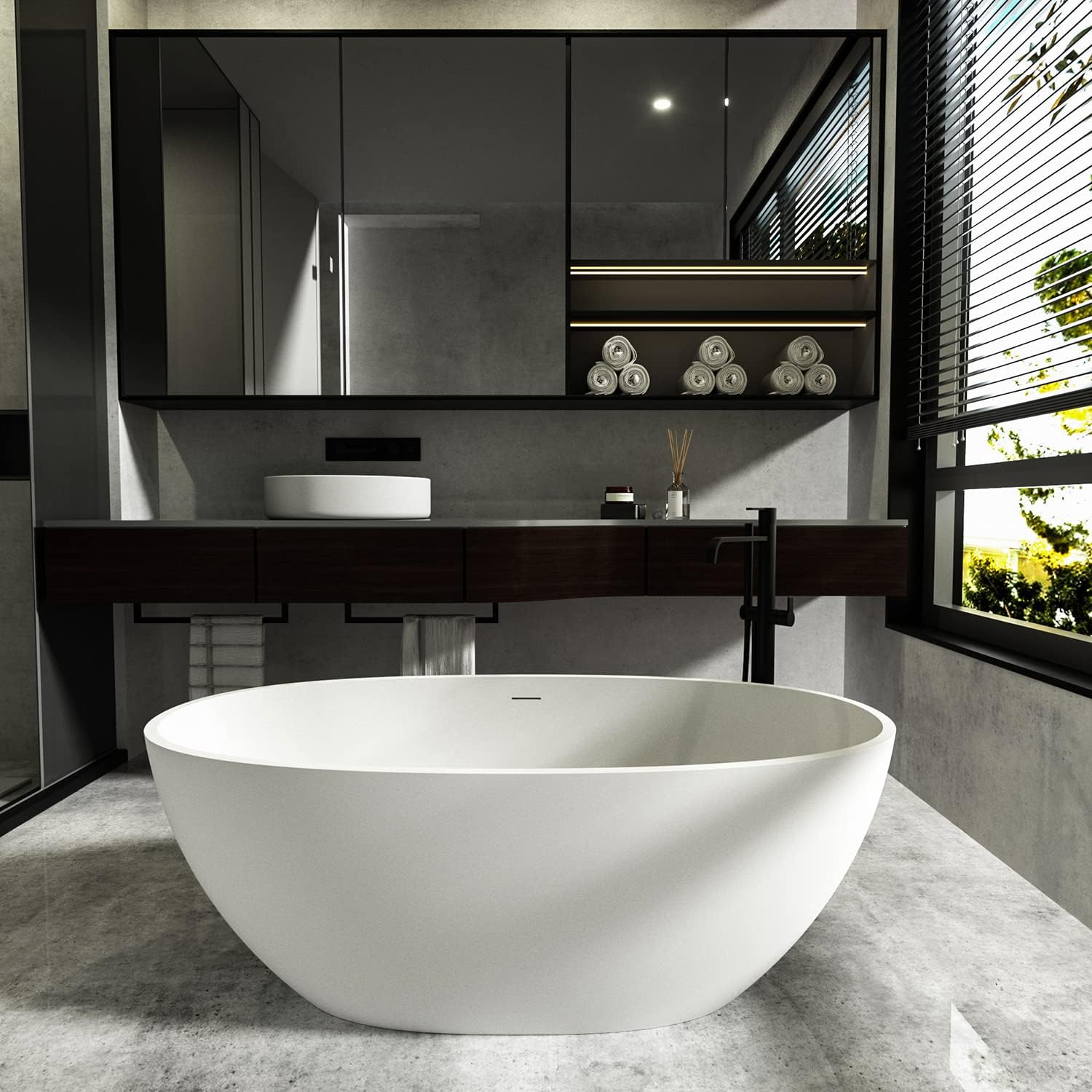 Cpingao 59' Freestanding Bathtub, Oval Shaped Stone Resin Freestanding Tubs, Solid Surface Matte White Soaking Tub with Overflow and Pop-up Drain 8801-1500