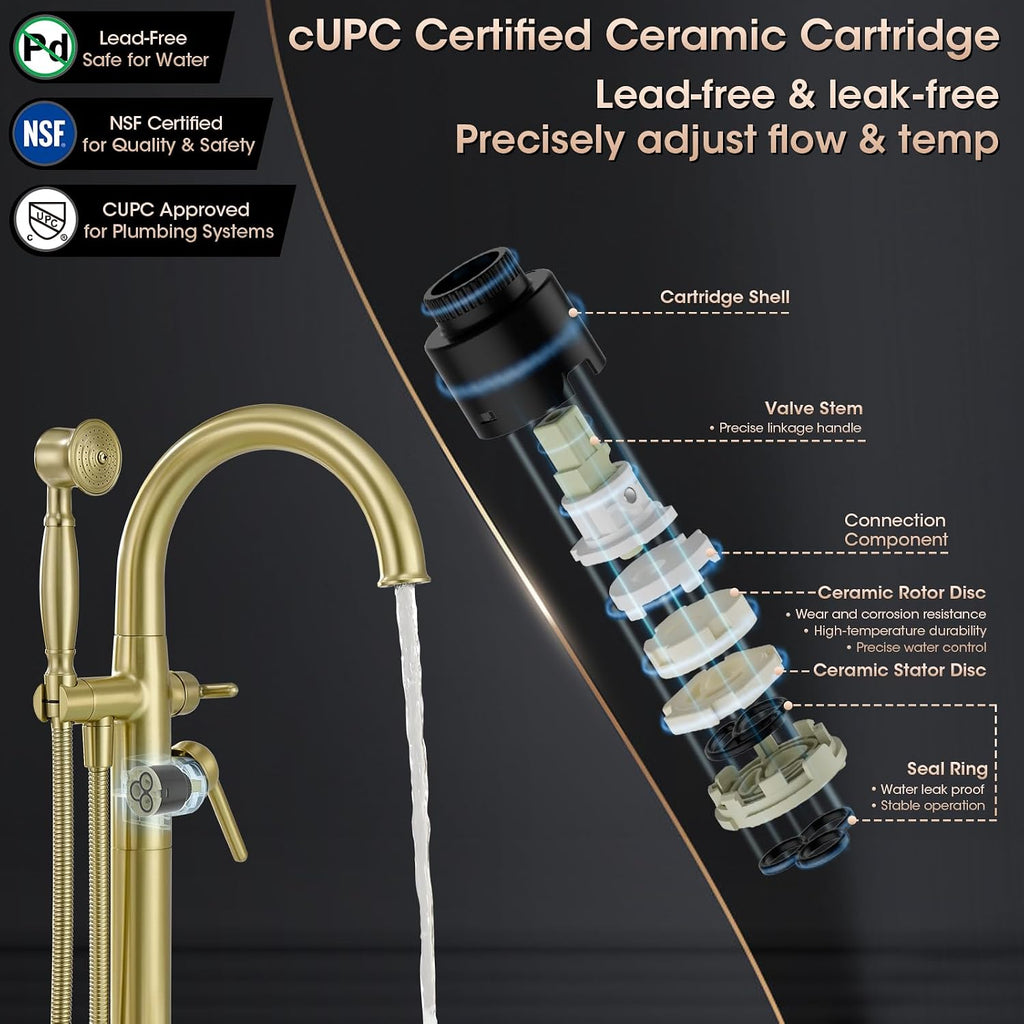 Freestanding Tub Faucets, Brass Freestanding Bathtub Faucet with Hand Shower, Floor Mount Tub Filler with Sprayer Brushed Light Gold（WT-9811BG03）
