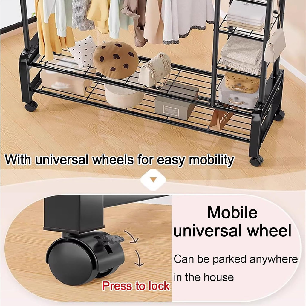 Metal Clothes Rack,Rolling Clothing Racks,Garment Rack With Storage Shelves And Coat/Hat Hooks,Freestanding Clothing Organizer For Bedroom Living Room(150cm/59in)