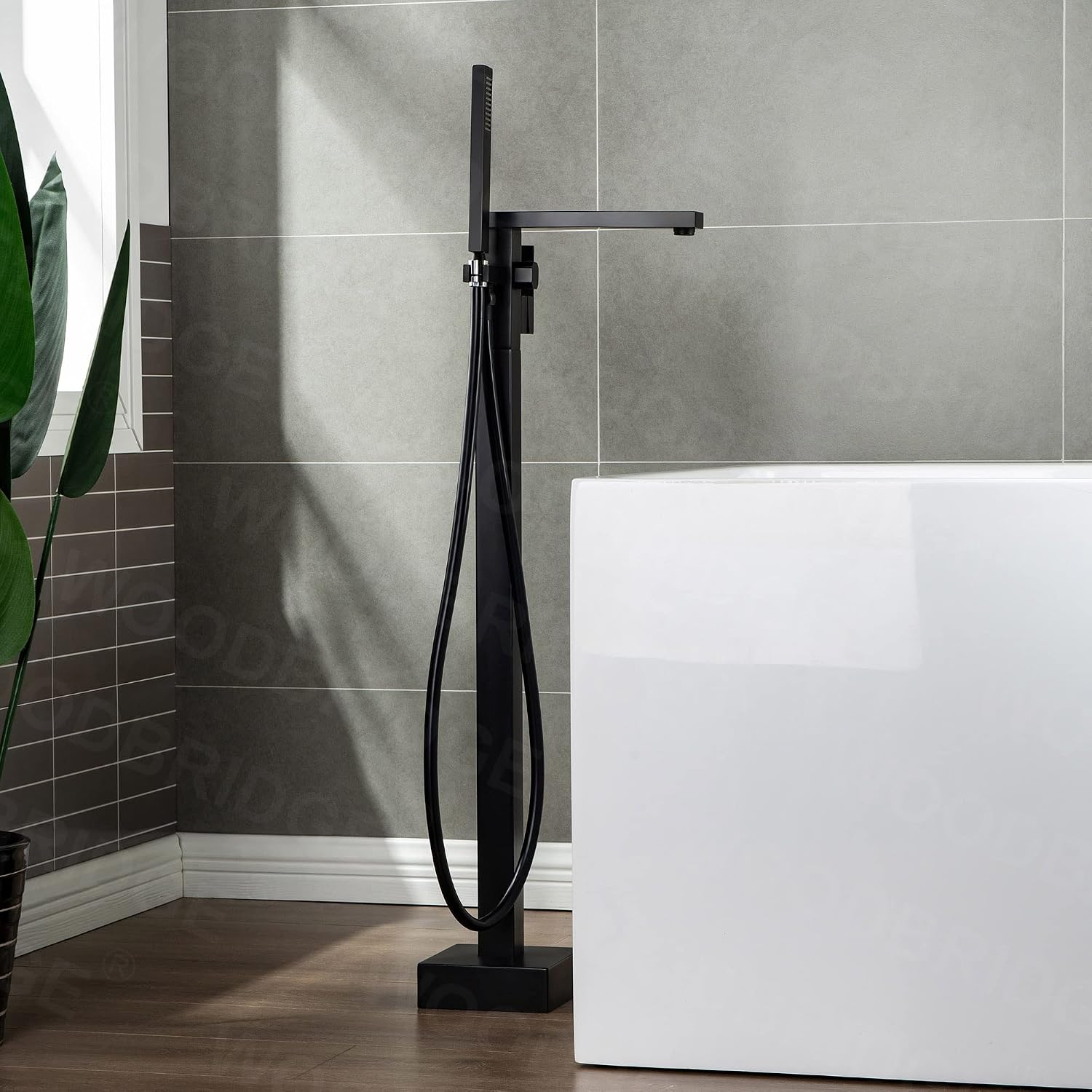 WOODBRIDGE F0009BL Contemporary Single Handle Floor Mount Freestanding Tub Filler Faucet with Hand shower in Matte Black Finish