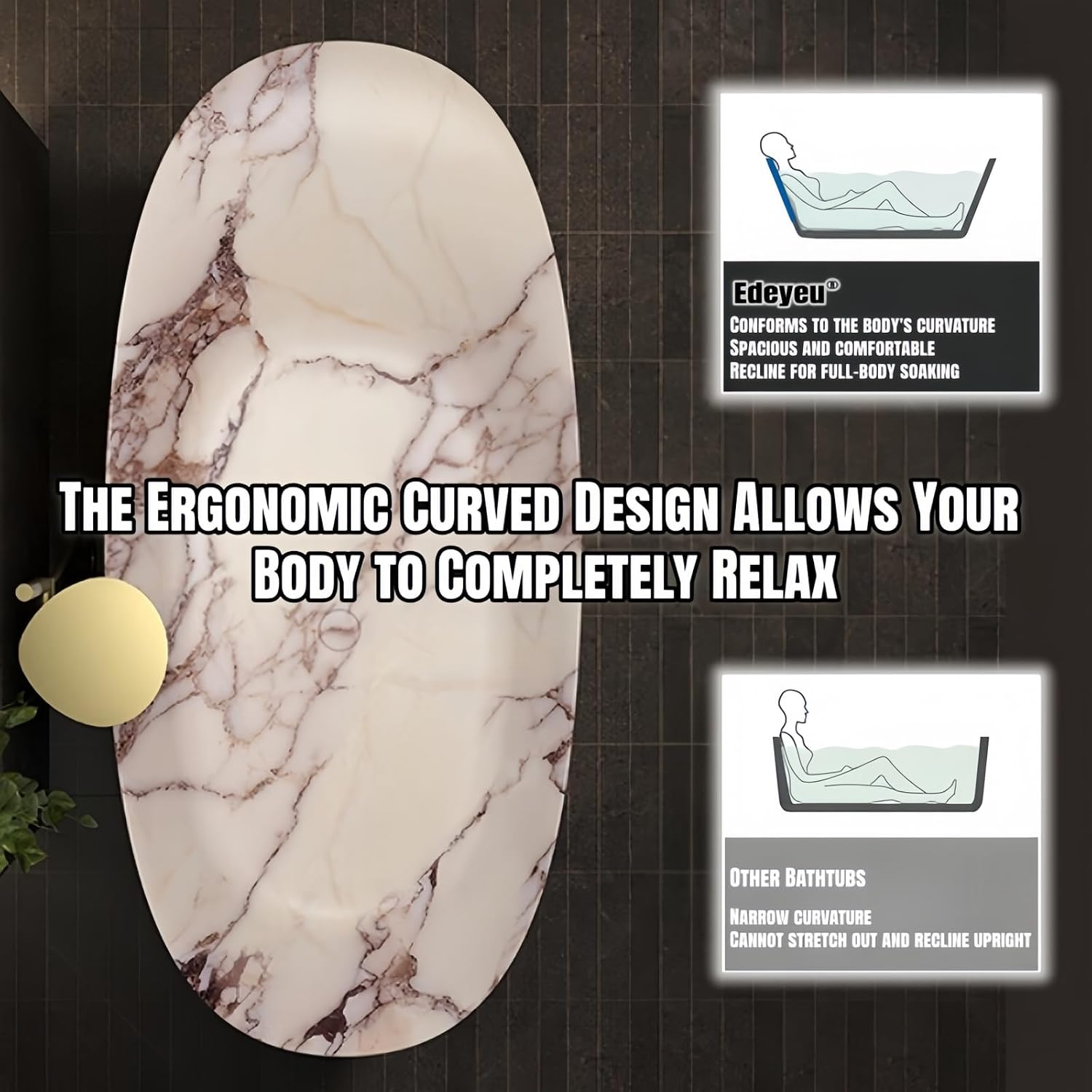 Freestanding Bathtub - Extra Deep Soaking Tub, Solid Surface With Marble-Style Polymer Stone, Free Standing Design For Modern Bathroom Spa Comfort (64',Marble pattern)