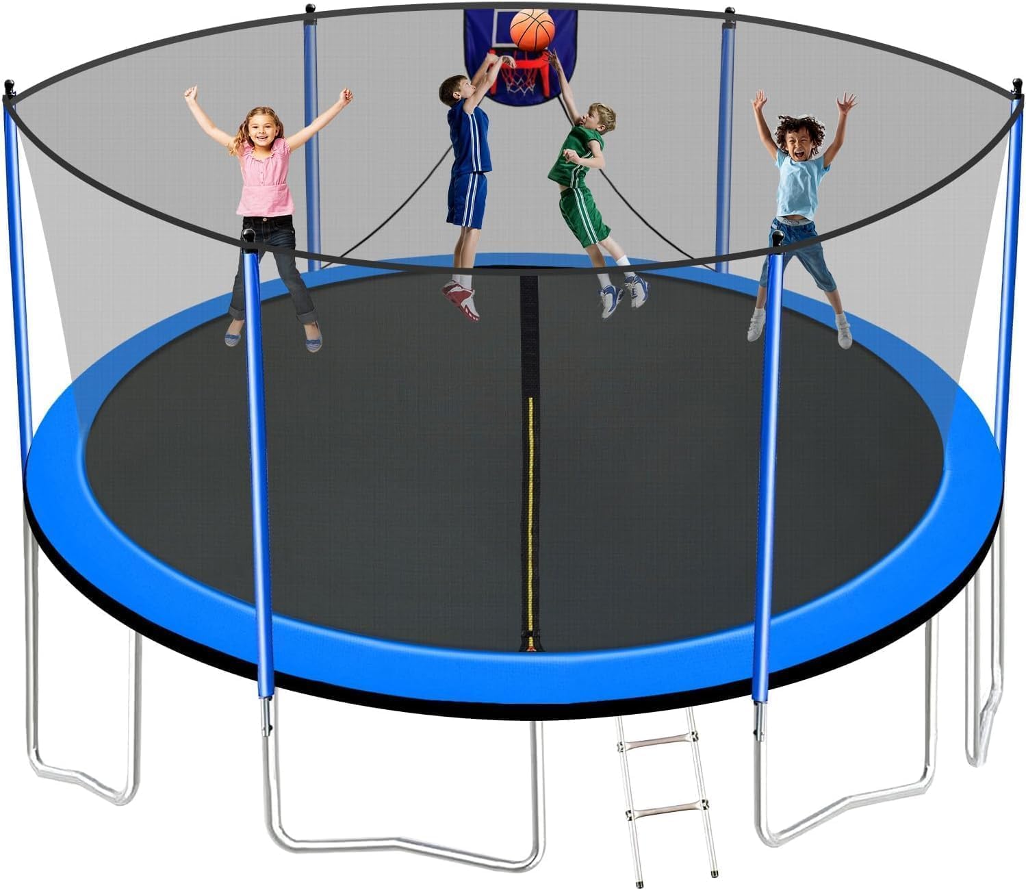1500LBS 16FT 15FT 14FT 12 FT 10FT 8FT Tranpoline for Kids and Adults with Sprinkler, Lights with Music Speaker, Socks, Water Ball, Heavy Duty Outdoor Tranpoline with Net Enclosure and Ladder