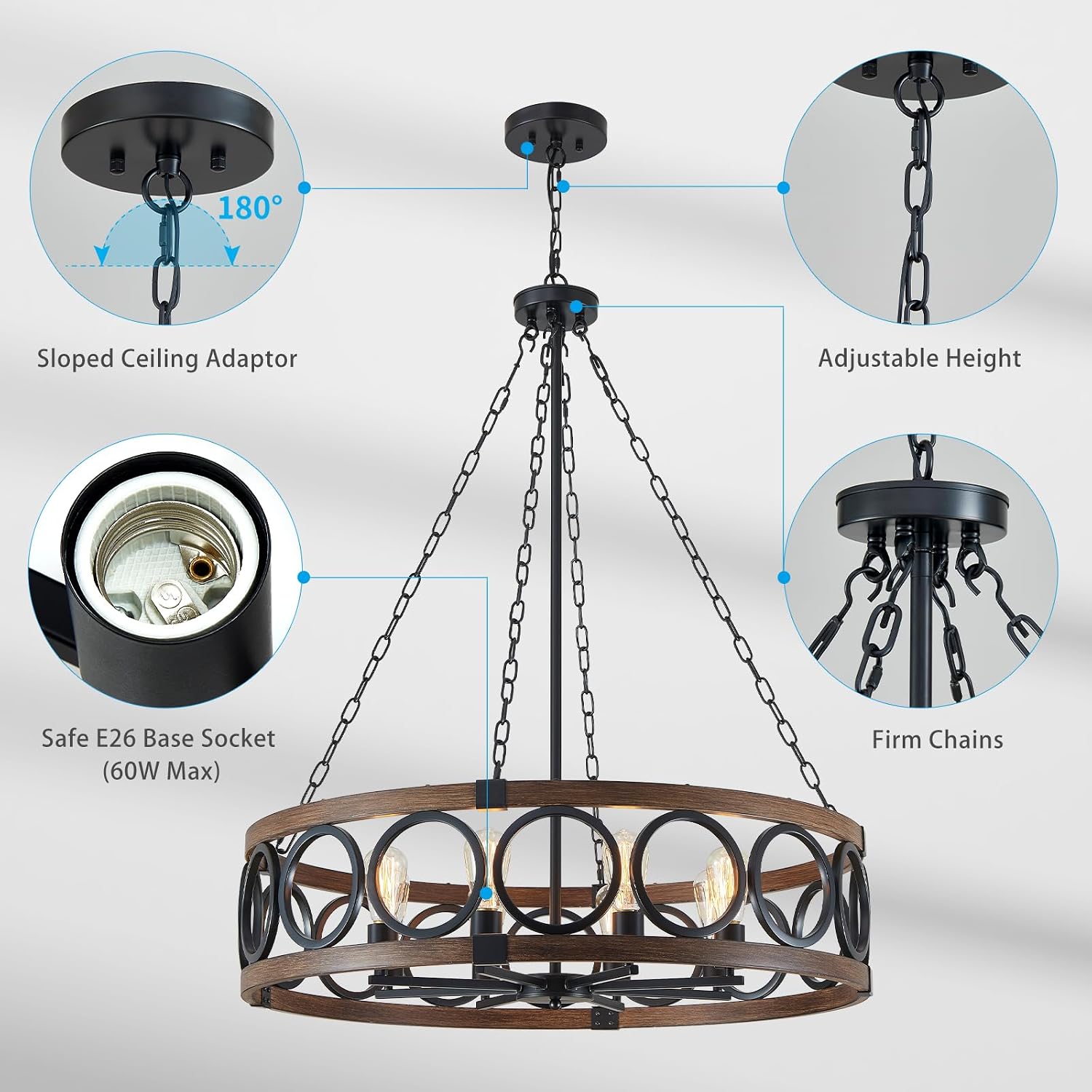 XINGQI Modern Farmhouse Chandelier 32.3' Large Drum 8 Lights Rustic Pendant Lighting Fixture for Living Room Dining Room Kitchen Island Bar Office, Round Metal Shade Black Wood Grain Finish