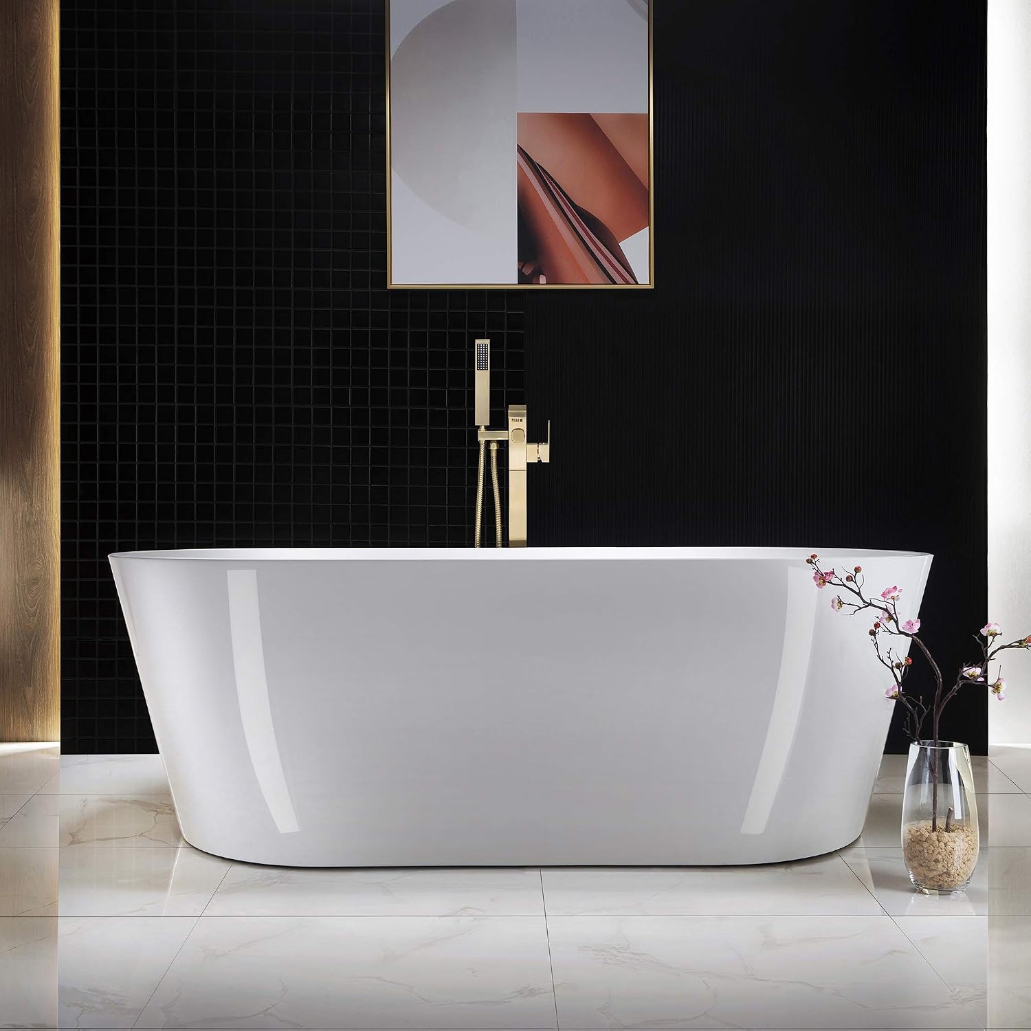 WOODBRIDGE F0008BG Contemporary Single Handle Floor Mount Freestanding Tub Filler Faucet with Hand Shower in Brushed Gold Finish
