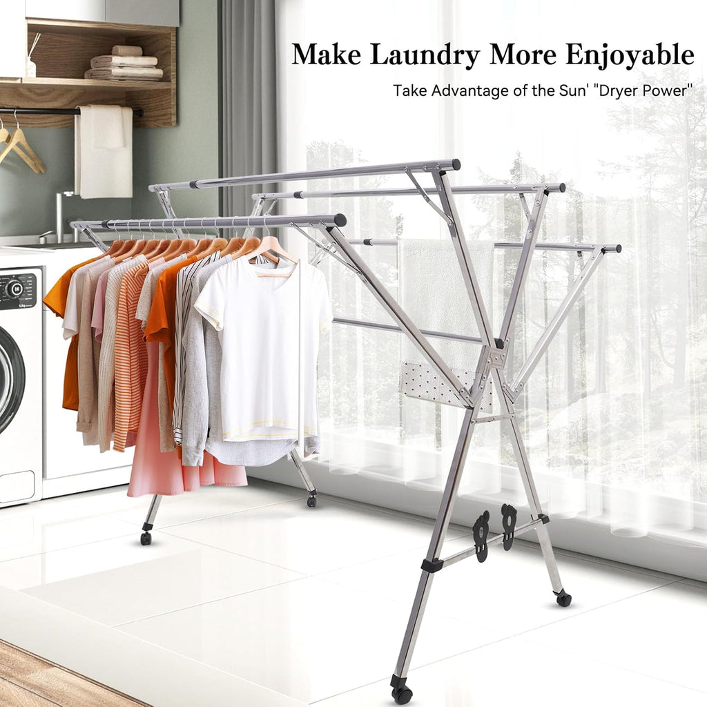 HUHJYUGE Foldable Drying Rack Clothing, Laundry Drying Rack Extendable, Stainless Steel Pool Towel Rack, Free Standing Clothing Hanger, Collapsible Garment Rack, Windproof Hooks