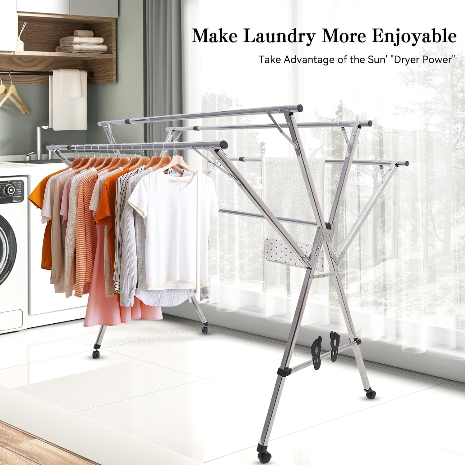 HUHJYUGE Foldable Drying Rack Clothing, Laundry Drying Rack Extendable, Stainless Steel Pool Towel Rack, Free Standing Clothing Hanger, Collapsible Garment Rack, Windproof Hooks