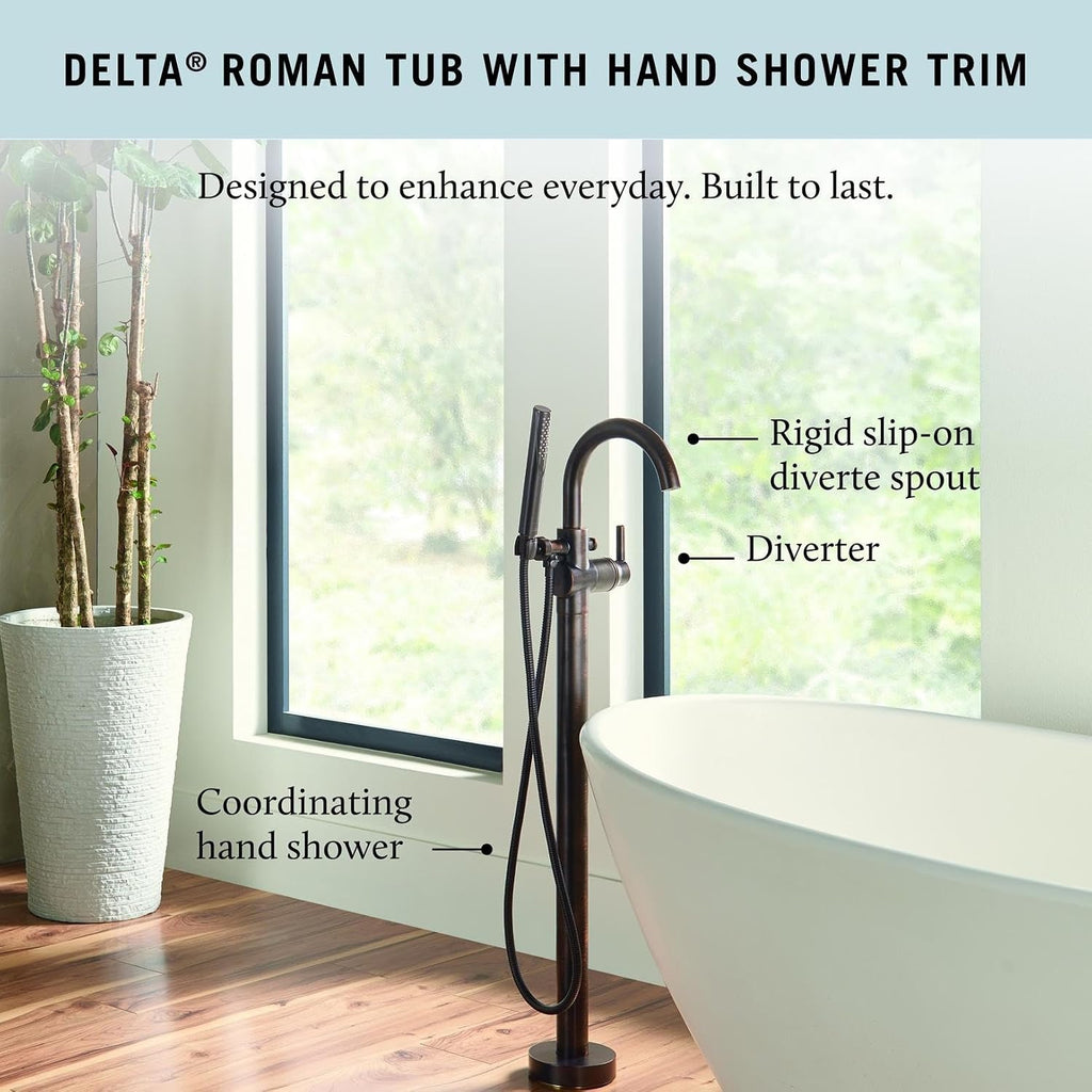 Delta Faucet Trinsic Floor Mount Tub Filler - Freestanding Roman Tub Spout with Handheld Shower - Flexible Shower Hose - Double Check Valves - Venetian Bronze, T4759-RBFL (Rough Sold Separately)