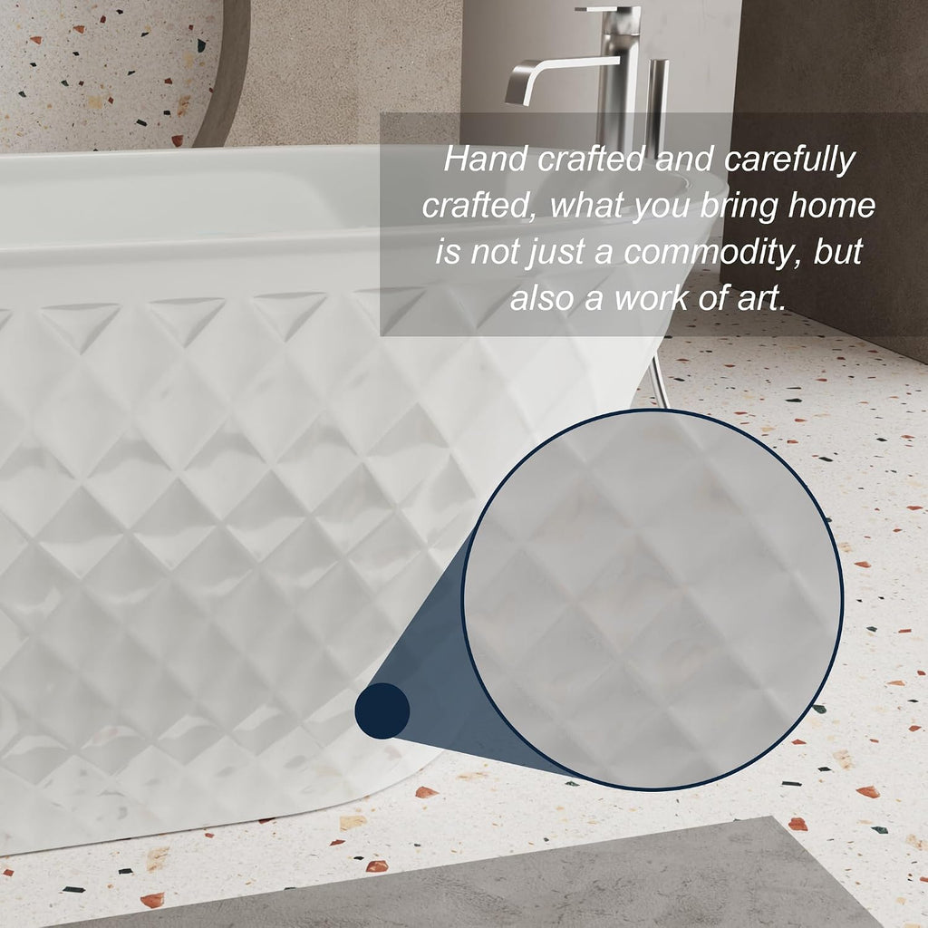 KEIKI 59' Acrylic Freestanding Bathtub with Diamond Pattern, Oval Soaking Tub for Bathroom, Luxury Modern Design, Durable & Easy Installation, Glossy White