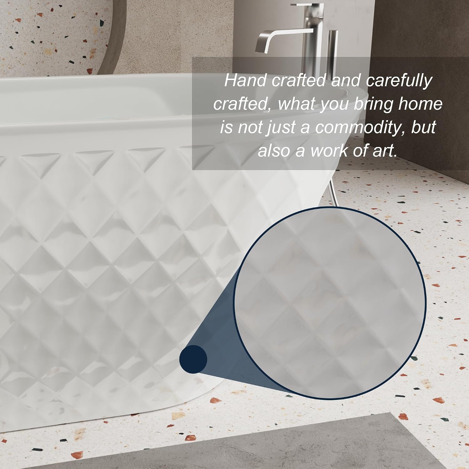 59' Acrylic Freestanding Bathtub, Diamond Pattern Soaking Tub with Chrome Overflow and Pop-Up Drain, Oval Gloss White Finish, CUPC Certified