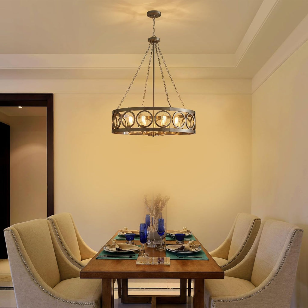 XINGQI 32.3' Large Brushed Nickel Drum Chandelier Modern 8-Light Rustic Farmhouse Round Pendant Lighting Fixture for Dining Room Living Room Office Kitchen Island