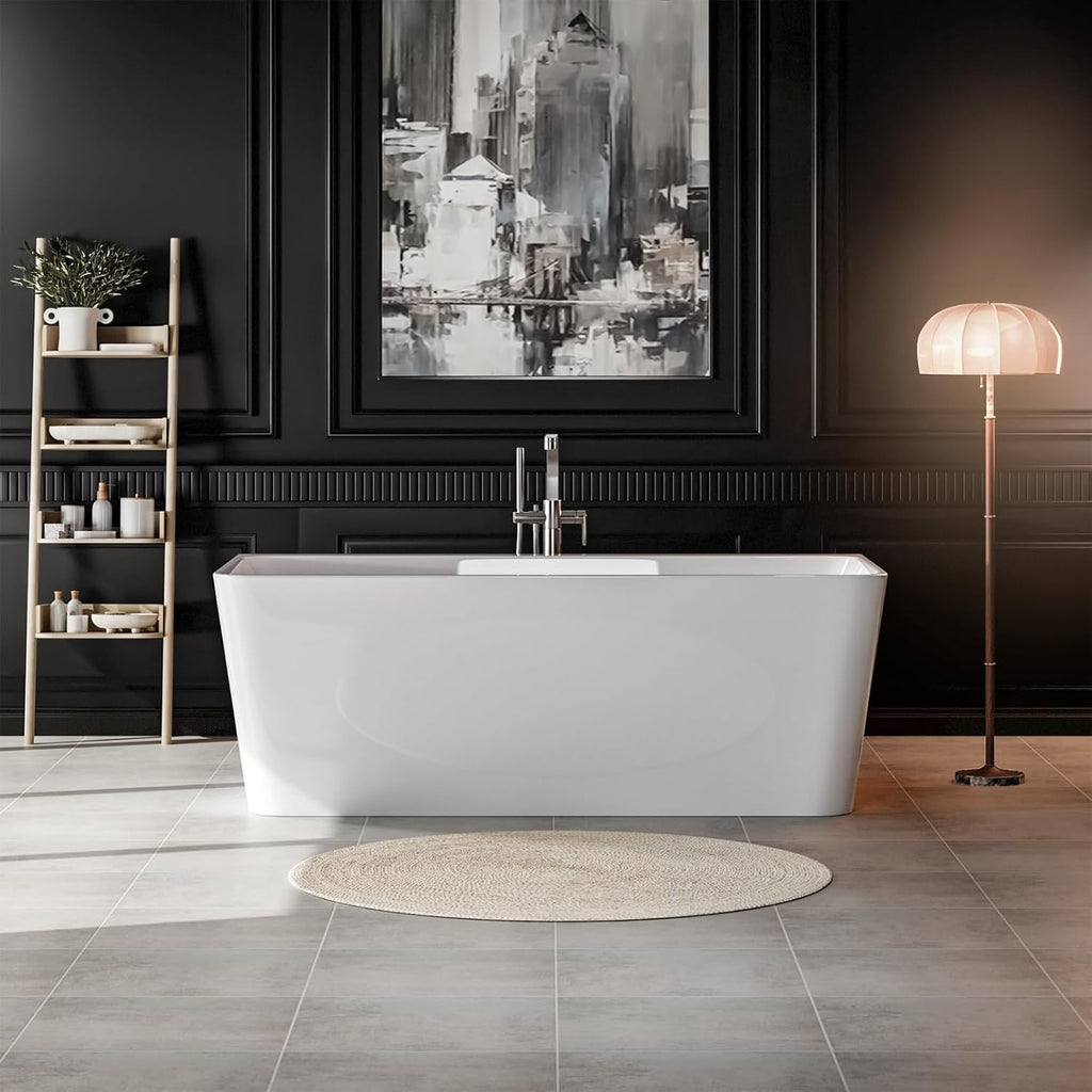 Empava 67' Freestanding Bathtub - Modern Back-to-Wall Soaking Tub with Chrome Drain & Overflow, Gloss White Acrylic Design