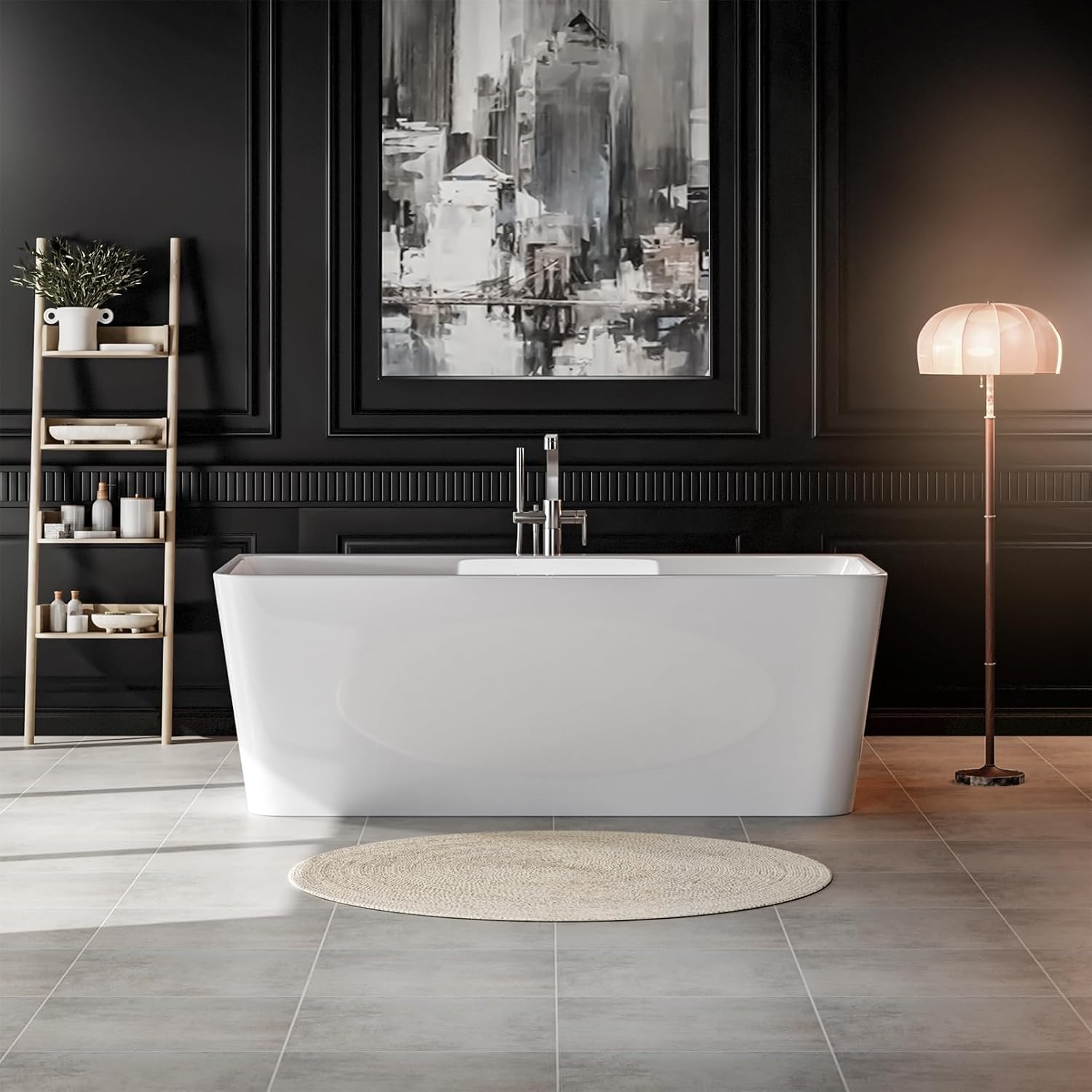 Empava 67' Freestanding Bathtub - Modern Back-to-Wall Soaking Tub with Chrome Drain & Overflow, Gloss White Acrylic Design