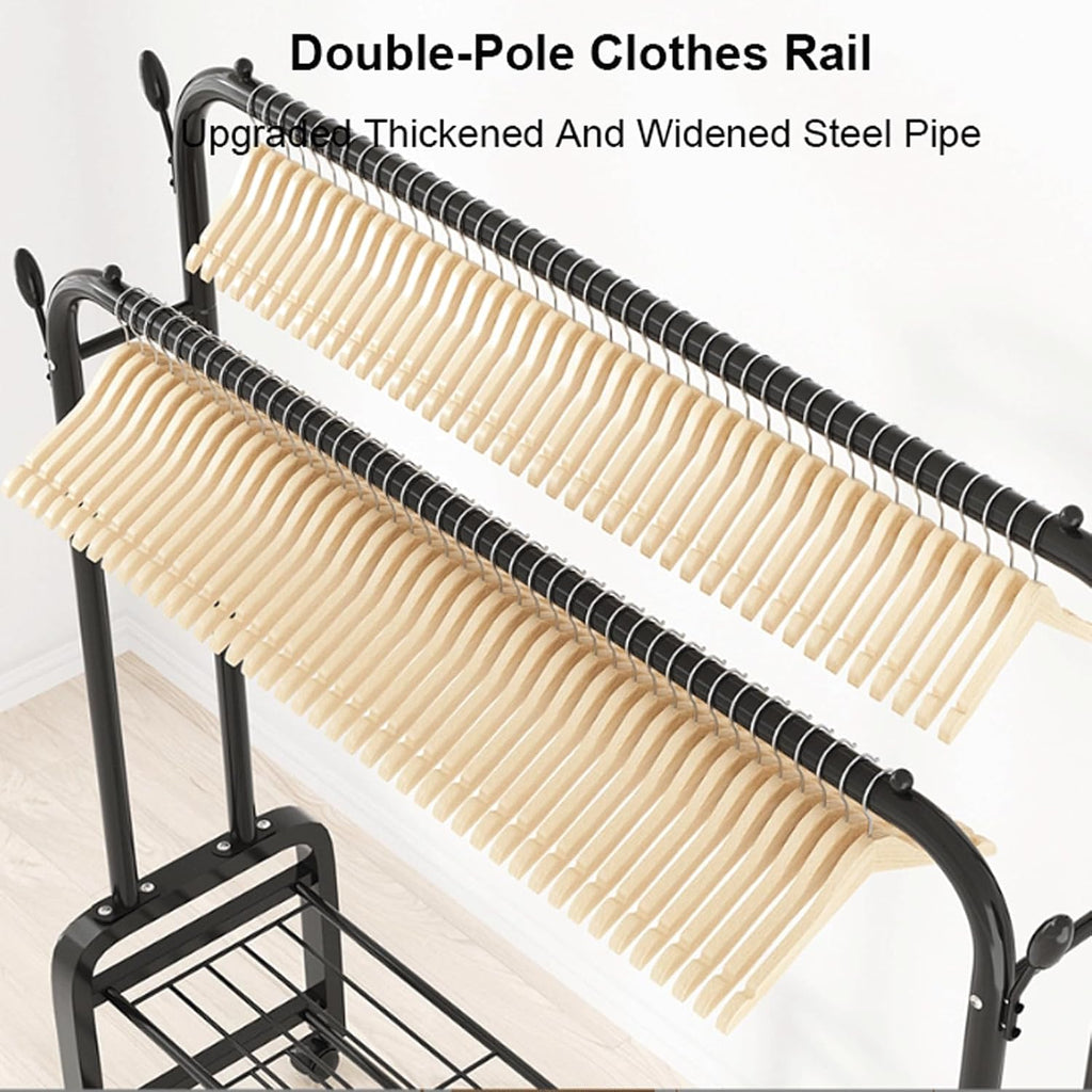Heavy Duty Clothes Rail Rolling Garment Rack on Wheels Freestanding Metal Clothing Rack w/3-Tier Side Shelves & 2-Tier Shoe Rack for Bedroom Shop