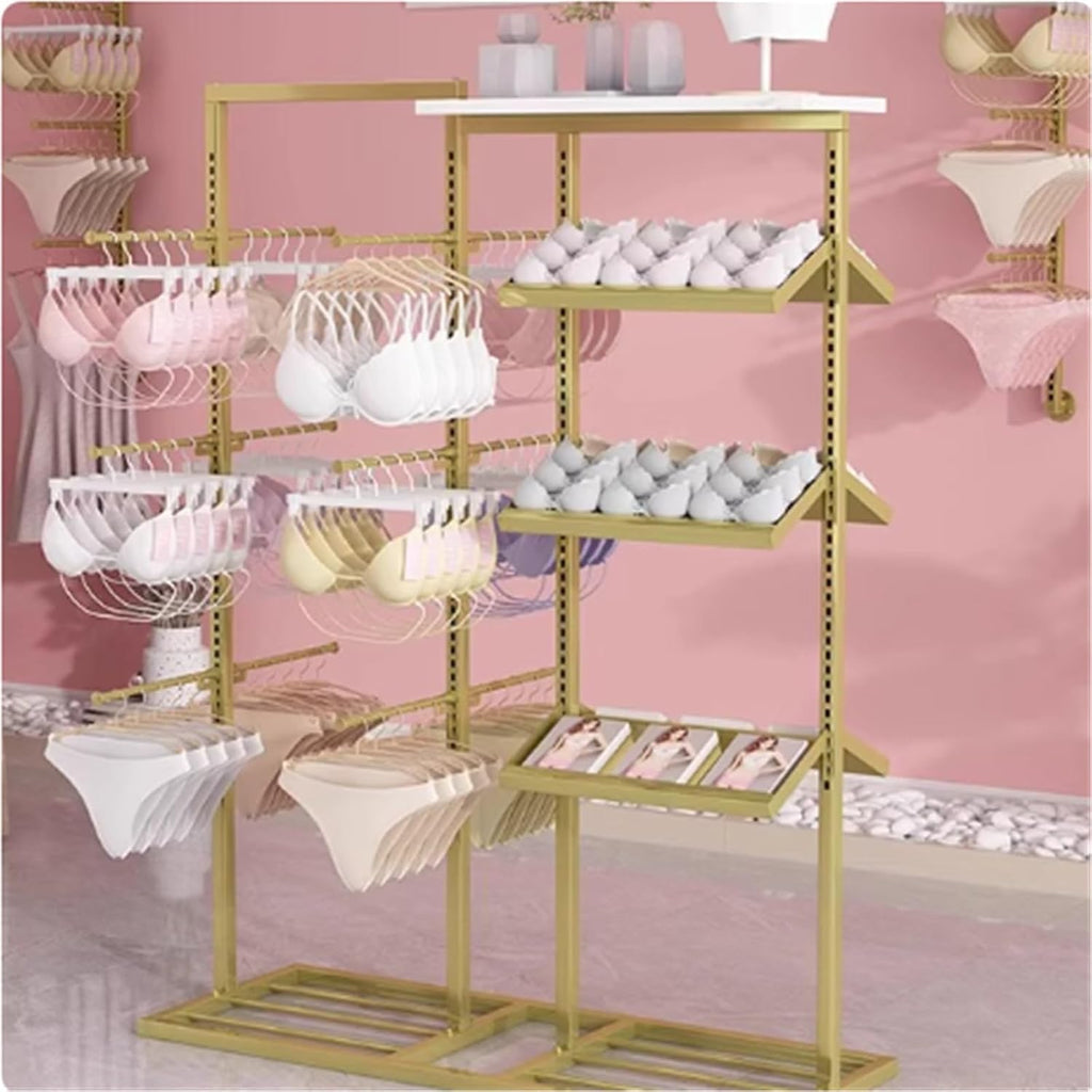 Heavy-duty Lingerie Garment Rack, Metals, Underwear Display Stand, Commercial Shelves Clothes Rod, for Lingerie Socks Bra Panties Scarves, 3 Tier(Gold)