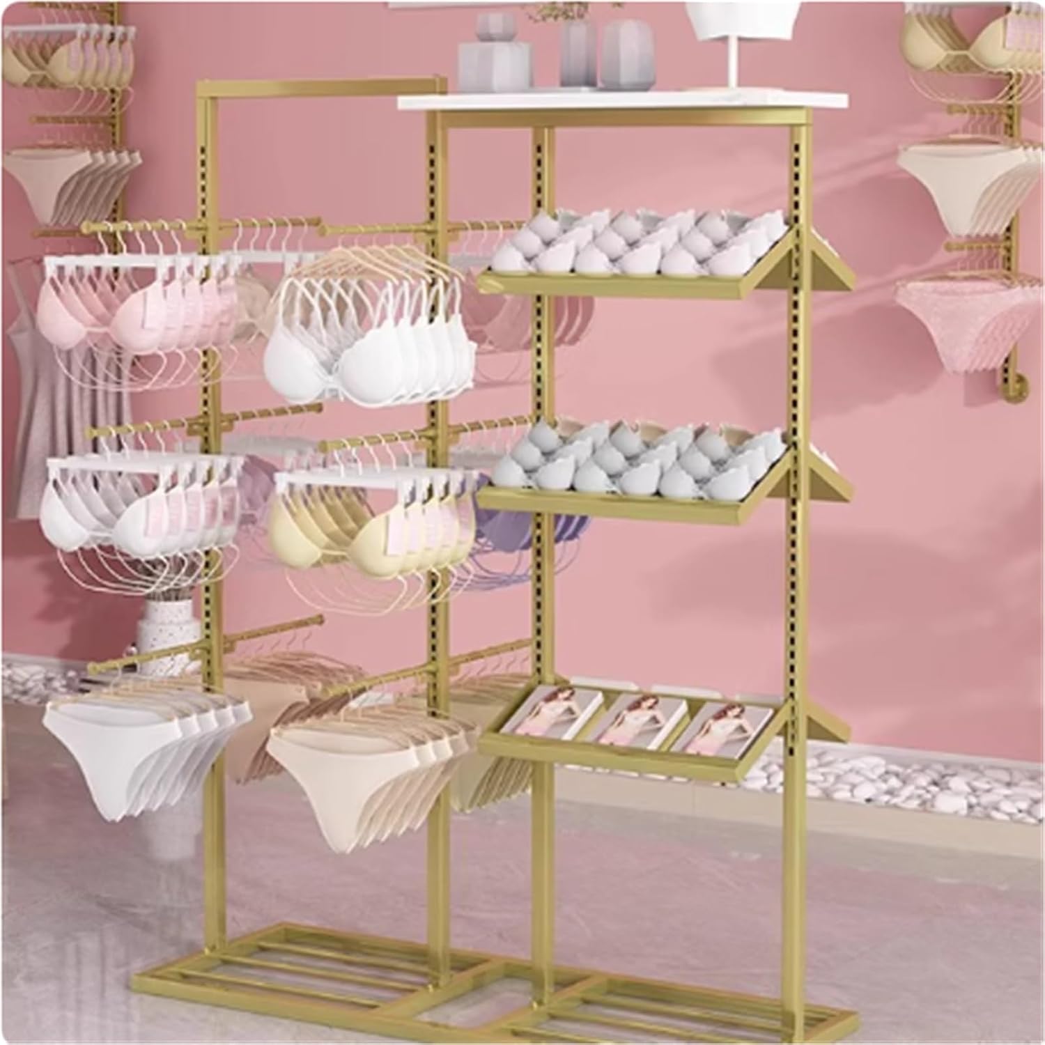 Heavy-duty Lingerie Garment Rack, Metals, Underwear Display Stand, Commercial Shelves Clothes Rod, for Lingerie Socks Bra Panties Scarves, 3 Tier(Gold)