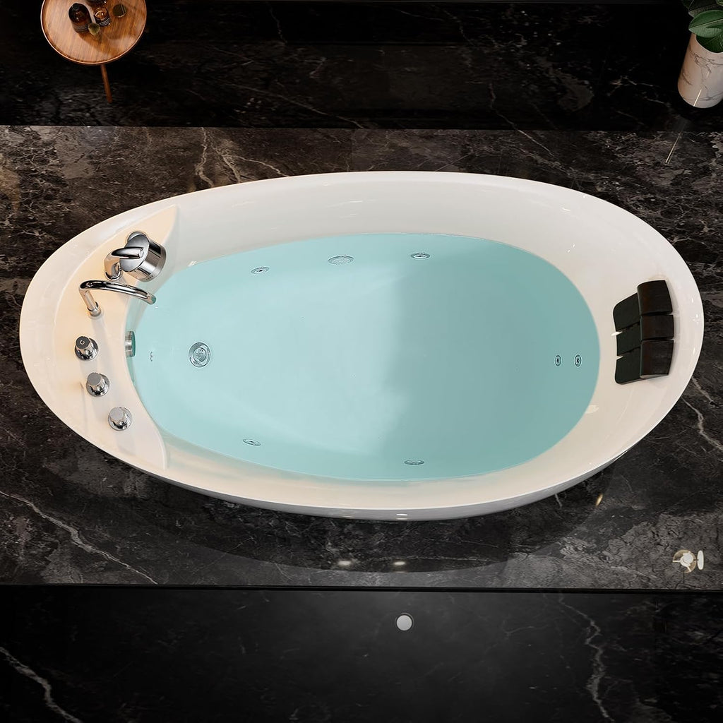 67 in. Acrylic Freestanding Bath Tub Hydromassage Gracefully Oval Shaped 7 Water Jets Soaking SPA, Single-Ended Massage Bathtubs with Pillow, White