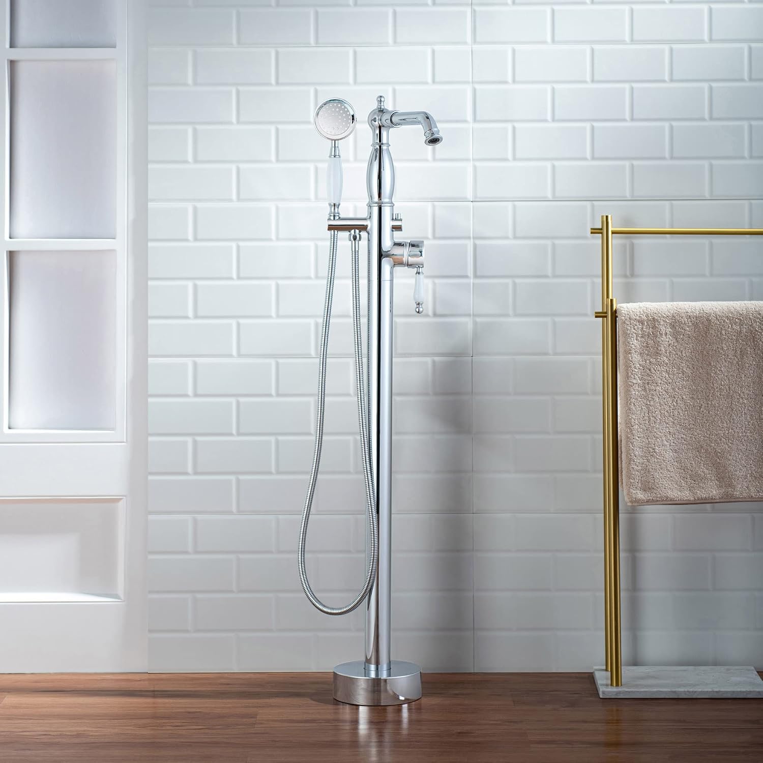 WOODBRIDGE Contemporary Single Handle Floor Mount Freestanding Tub Filler Faucet with Hand Shower in Chrome Finish