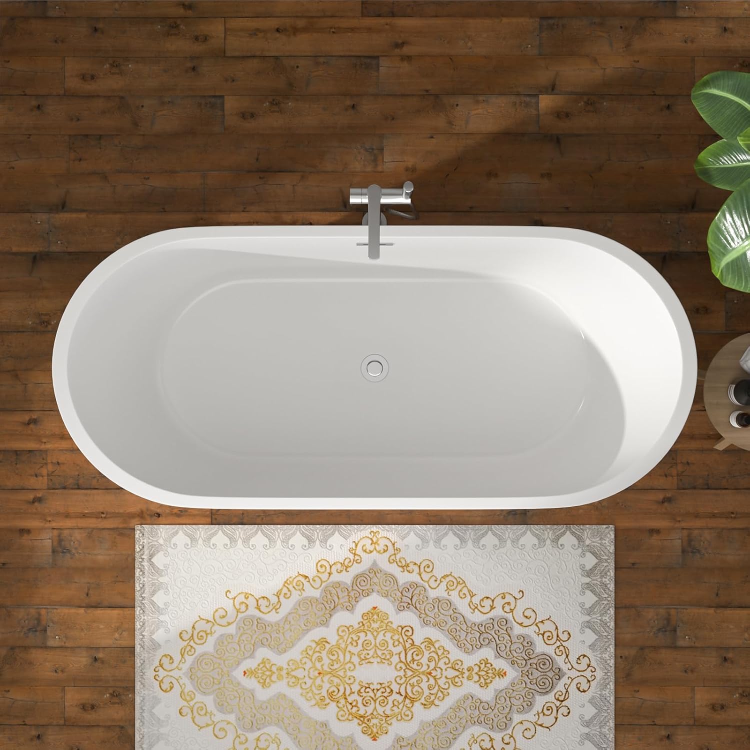 67 Inch Freestanding Acrylic Bathtub White Roll Top Soaking Tub with Smooth Curved Rim, Chrome Drain and Overflow, YSB9217