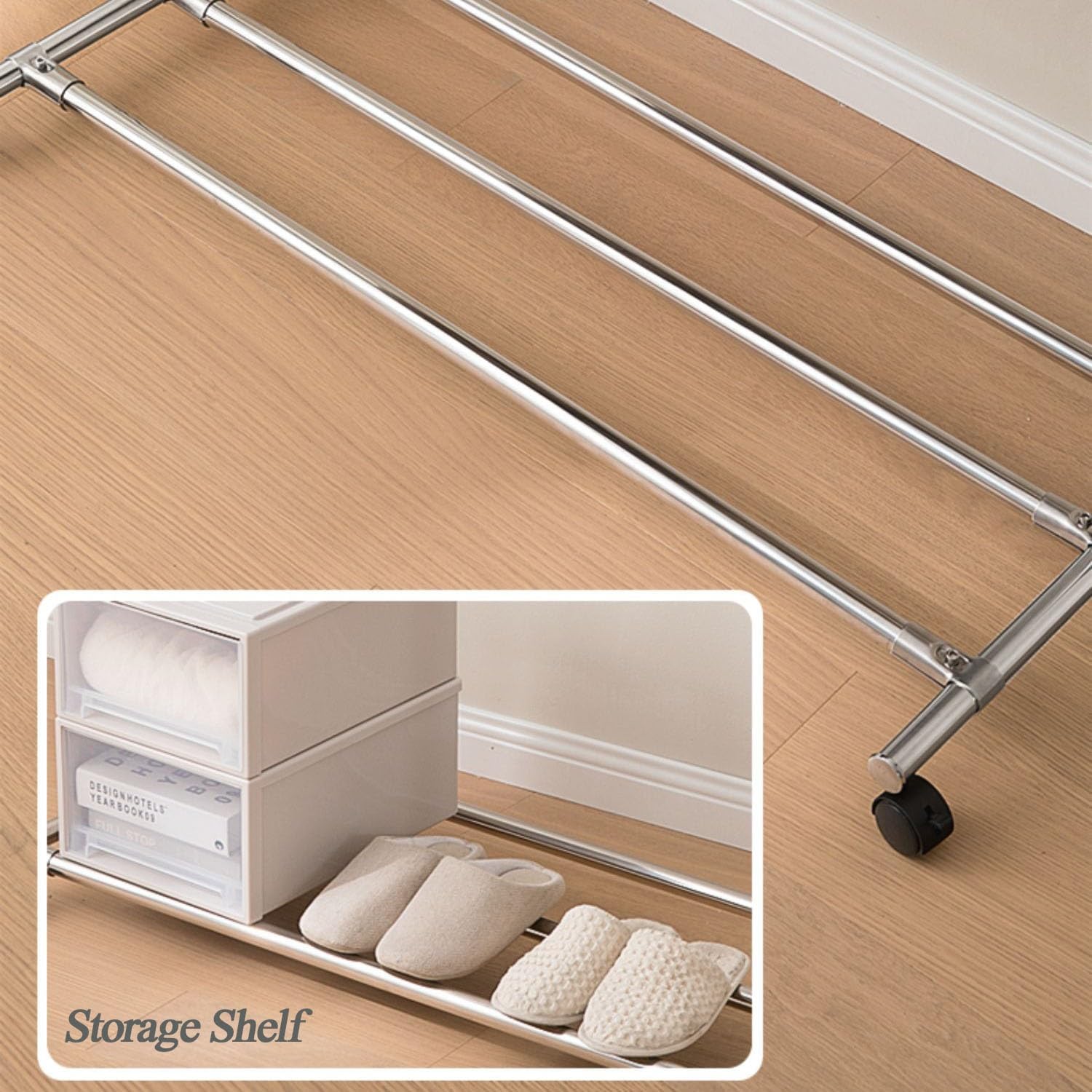 Extendable Steel Clothing Garment Rack with Wheels, Telescopic Rod, Rolling Clothes Rack for Bedroom, Laundry Room, Clothes Rail with Bottom Shelf and 4 Wheels, Load Capacity 80kg
