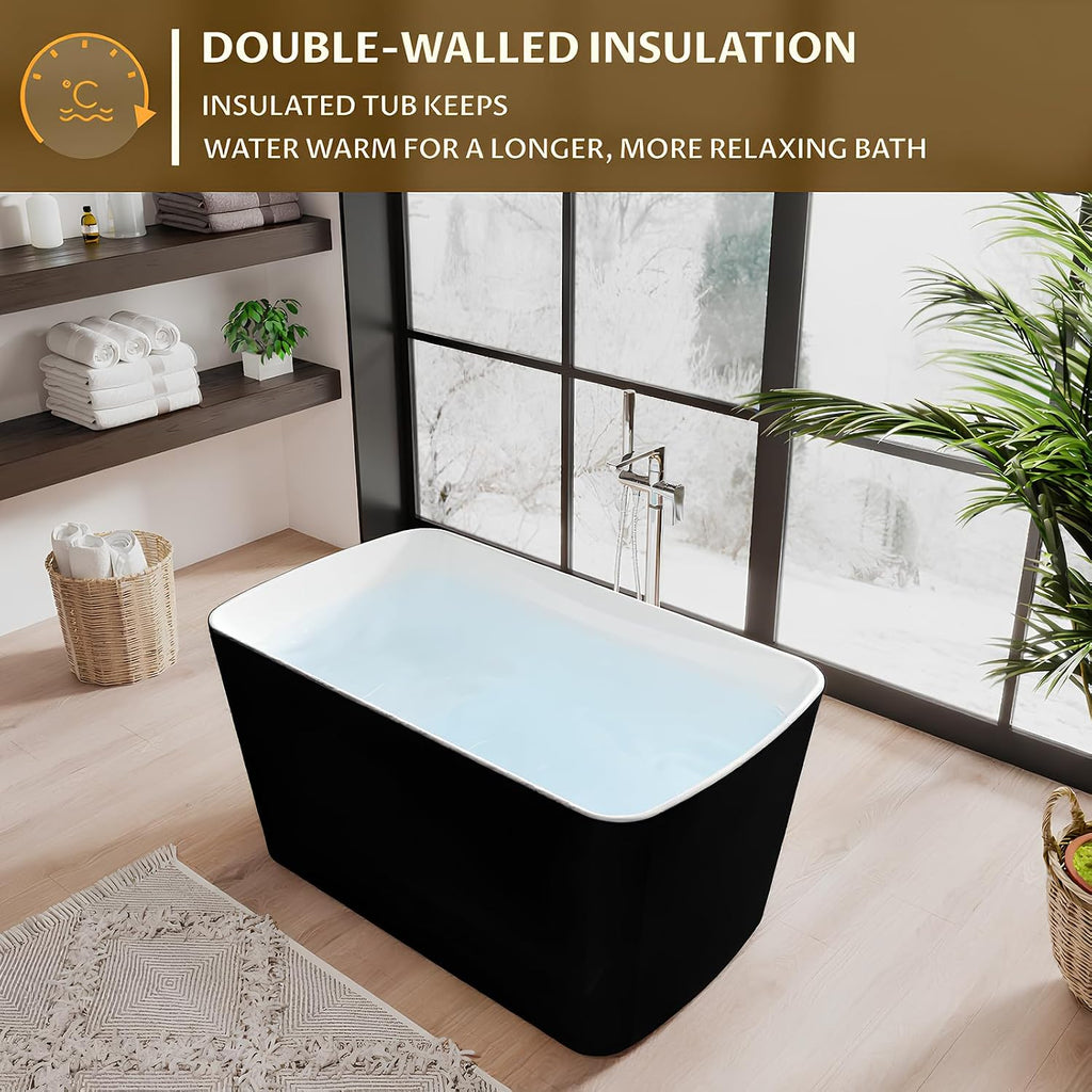 49' Freestanding Acrylic Bathtub, Japanese Square Soaking Tub with Built-in Seat, Toe-Tap Drain & Slotted Overflow, CUPC Certified Black Standalone Tub for Modern Bathroom